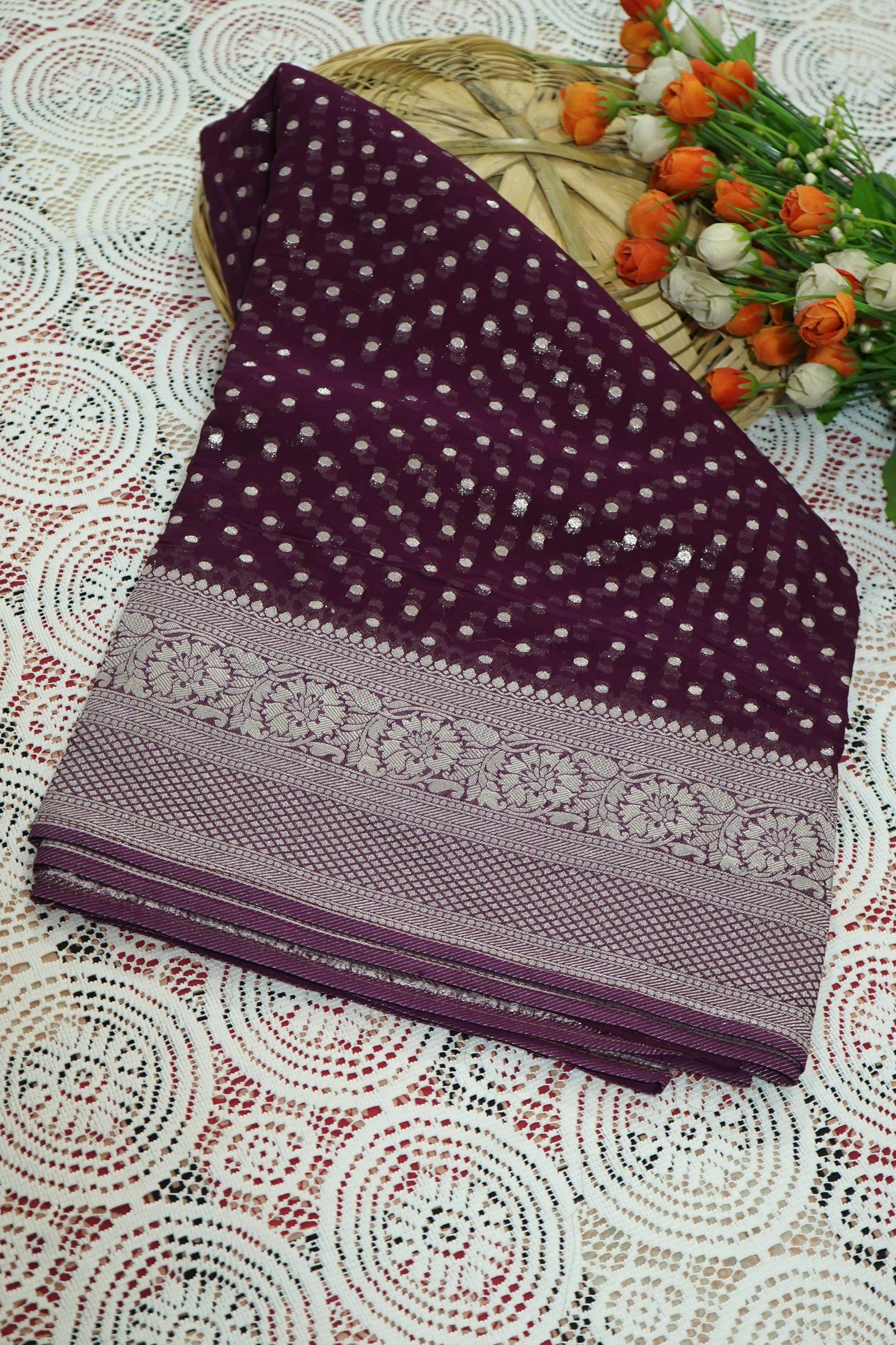 Deep Wine Purple Khaddi Georgette Pure Banarasi Saree with Champagne Zari Border