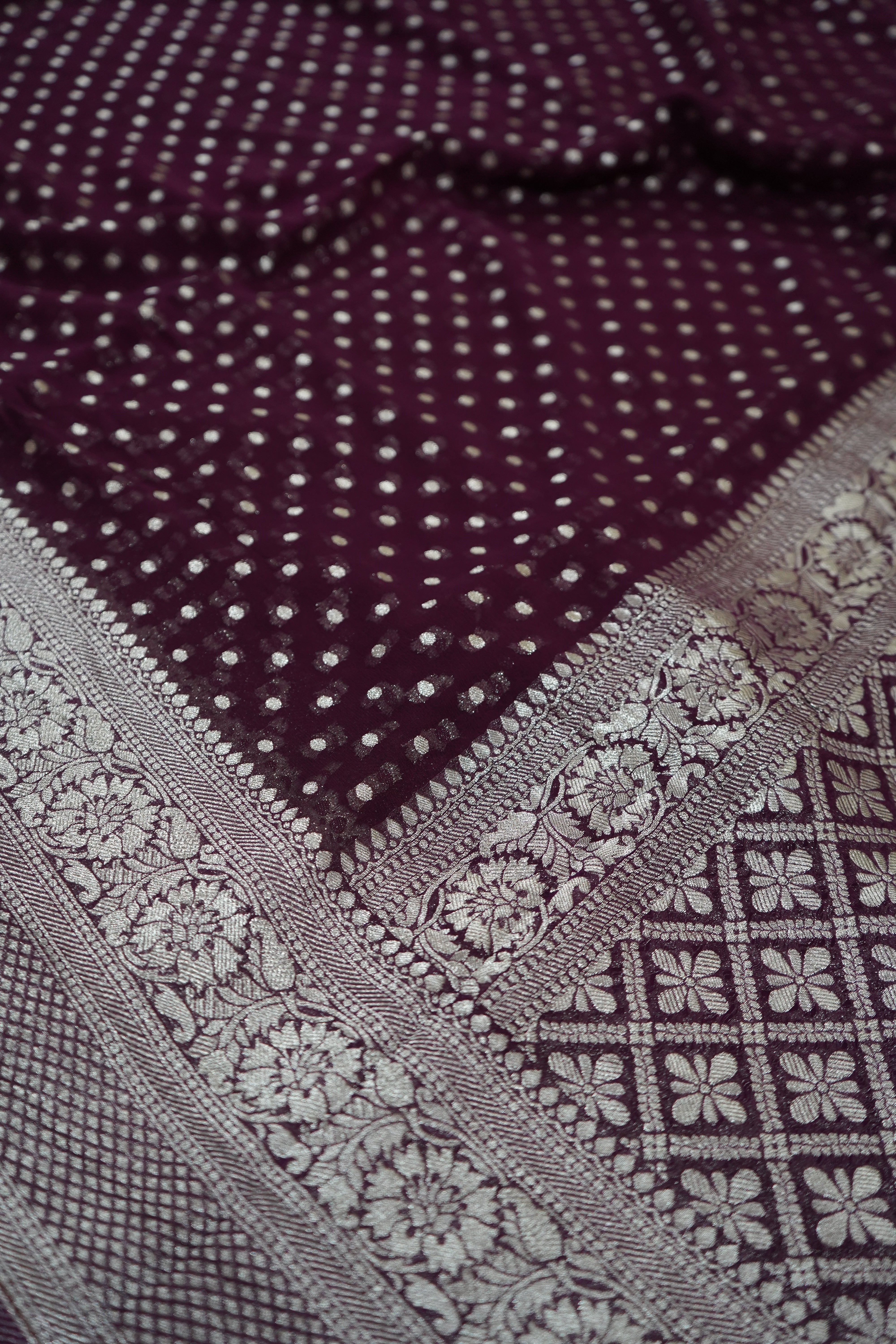 Deep Wine Purple Khaddi Georgette Pure Banarasi Saree with Champagne Zari Border
