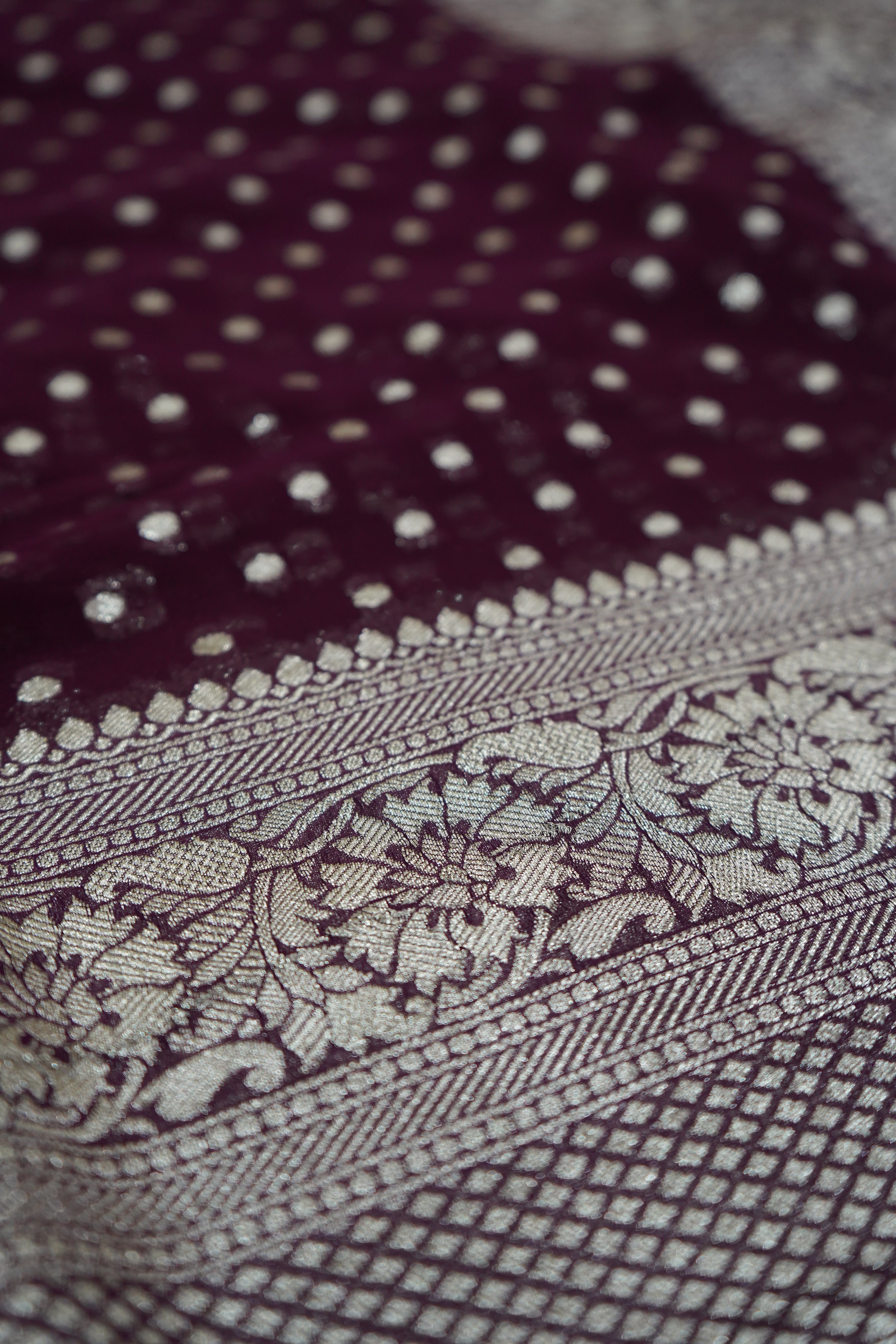 Deep Wine Purple Khaddi Georgette Pure Banarasi Saree with Champagne Zari Border