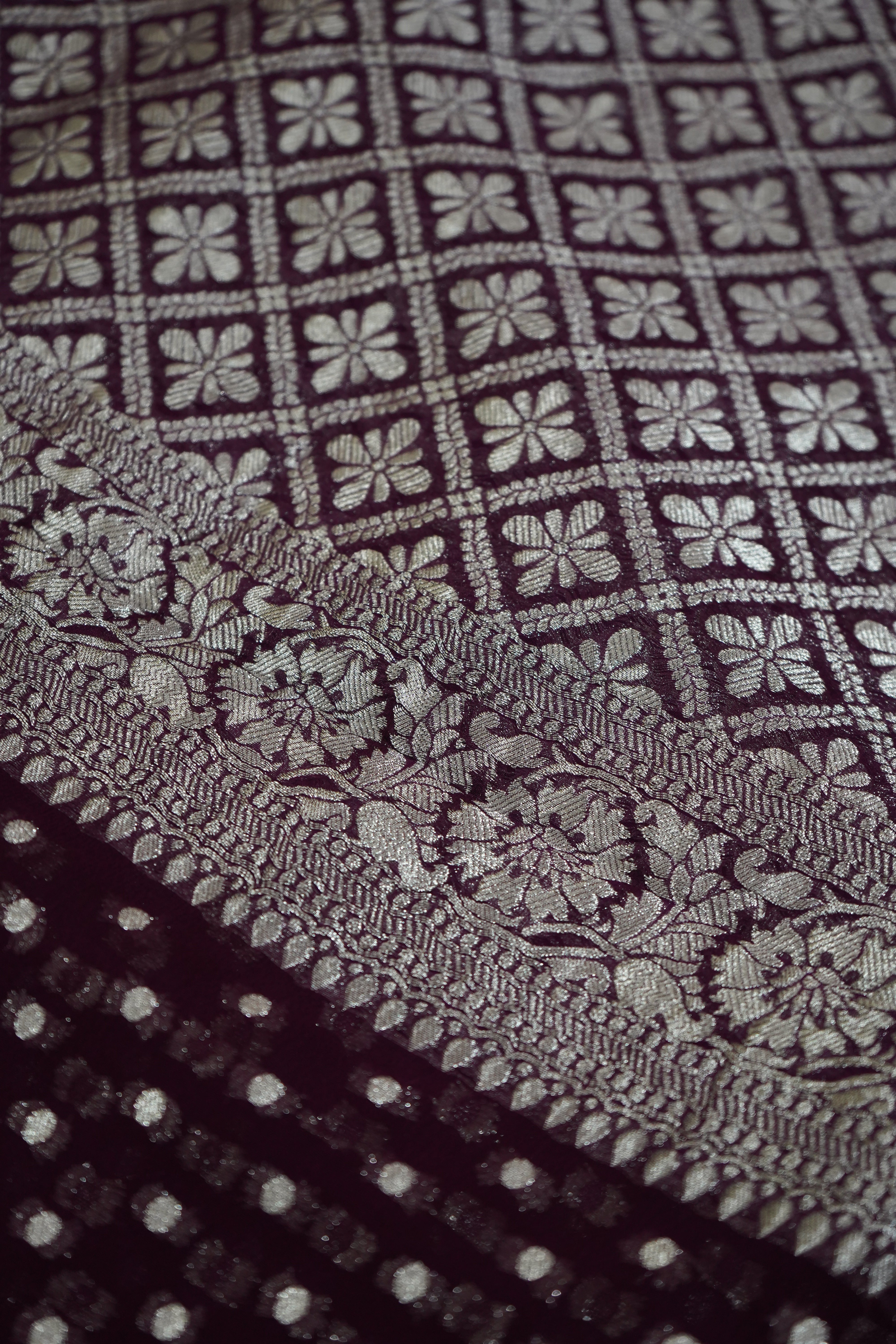 Deep Wine Purple Khaddi Georgette Pure Banarasi Saree with Champagne Zari Border