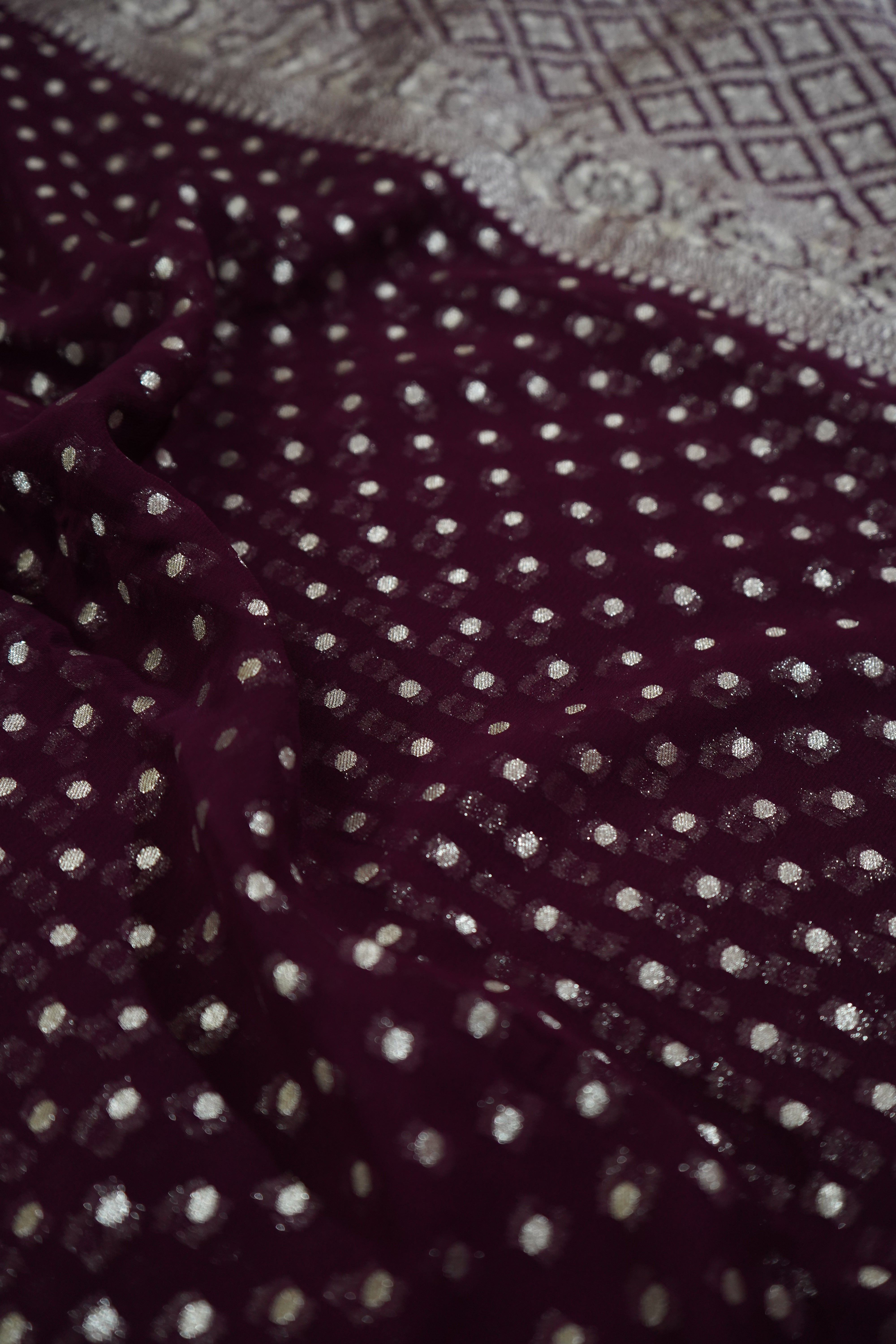 Deep Wine Purple Khaddi Georgette Pure Banarasi Saree with Champagne Zari Border