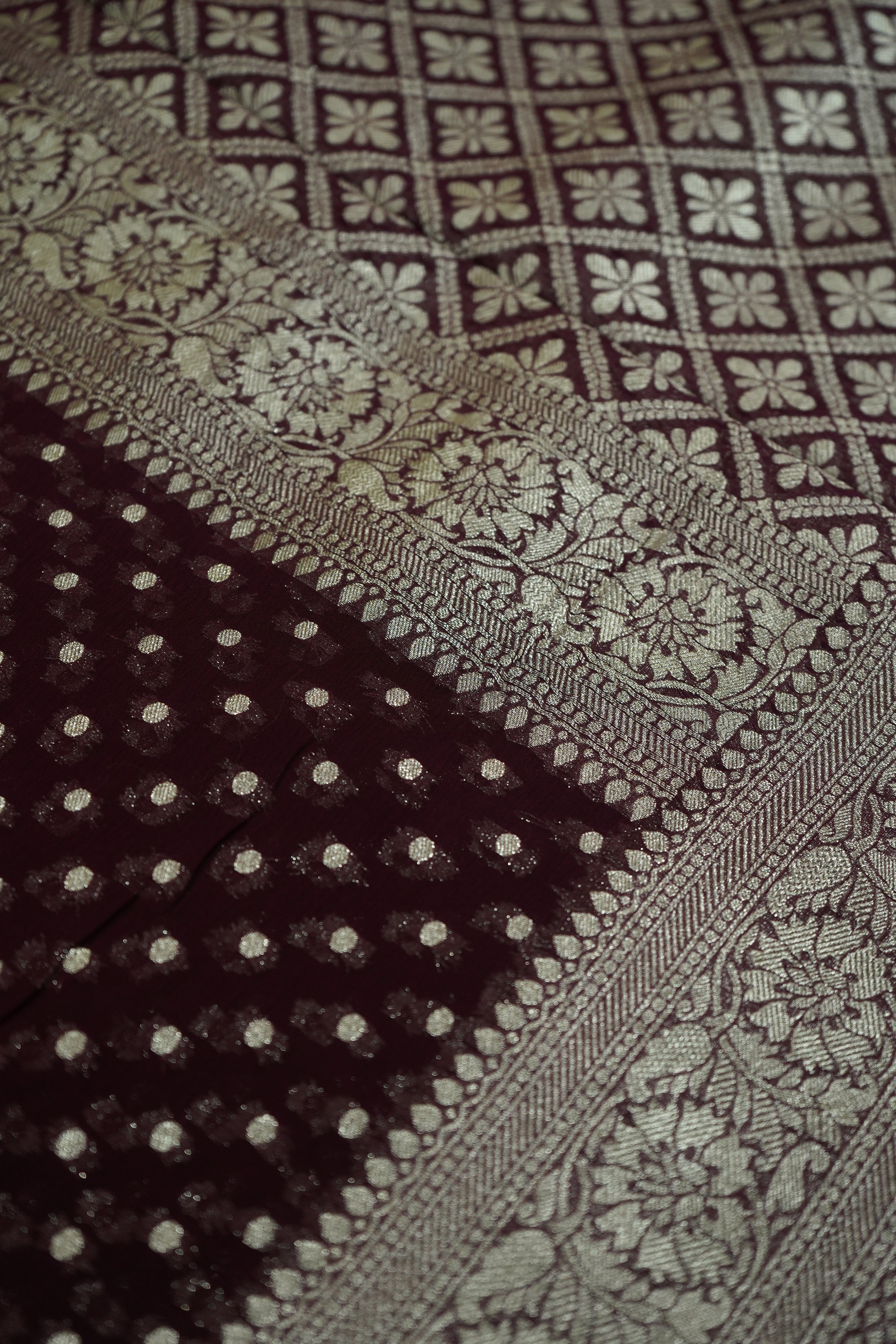 Dark Wine Purple Khaddi Georgette Pure Banarasi Saree with Champagne Zari Border