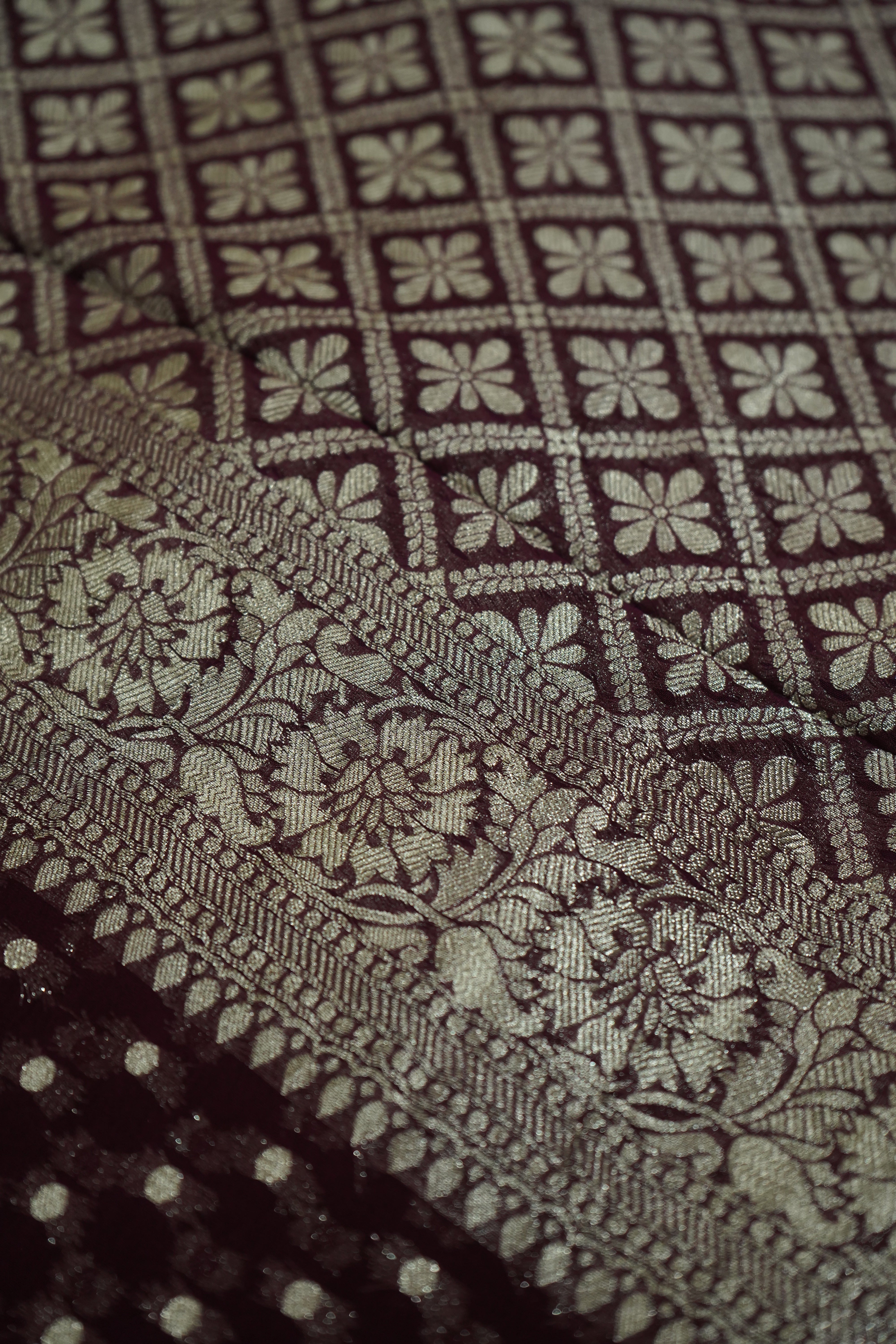 Dark Wine Purple Khaddi Georgette Pure Banarasi Saree with Champagne Zari Border