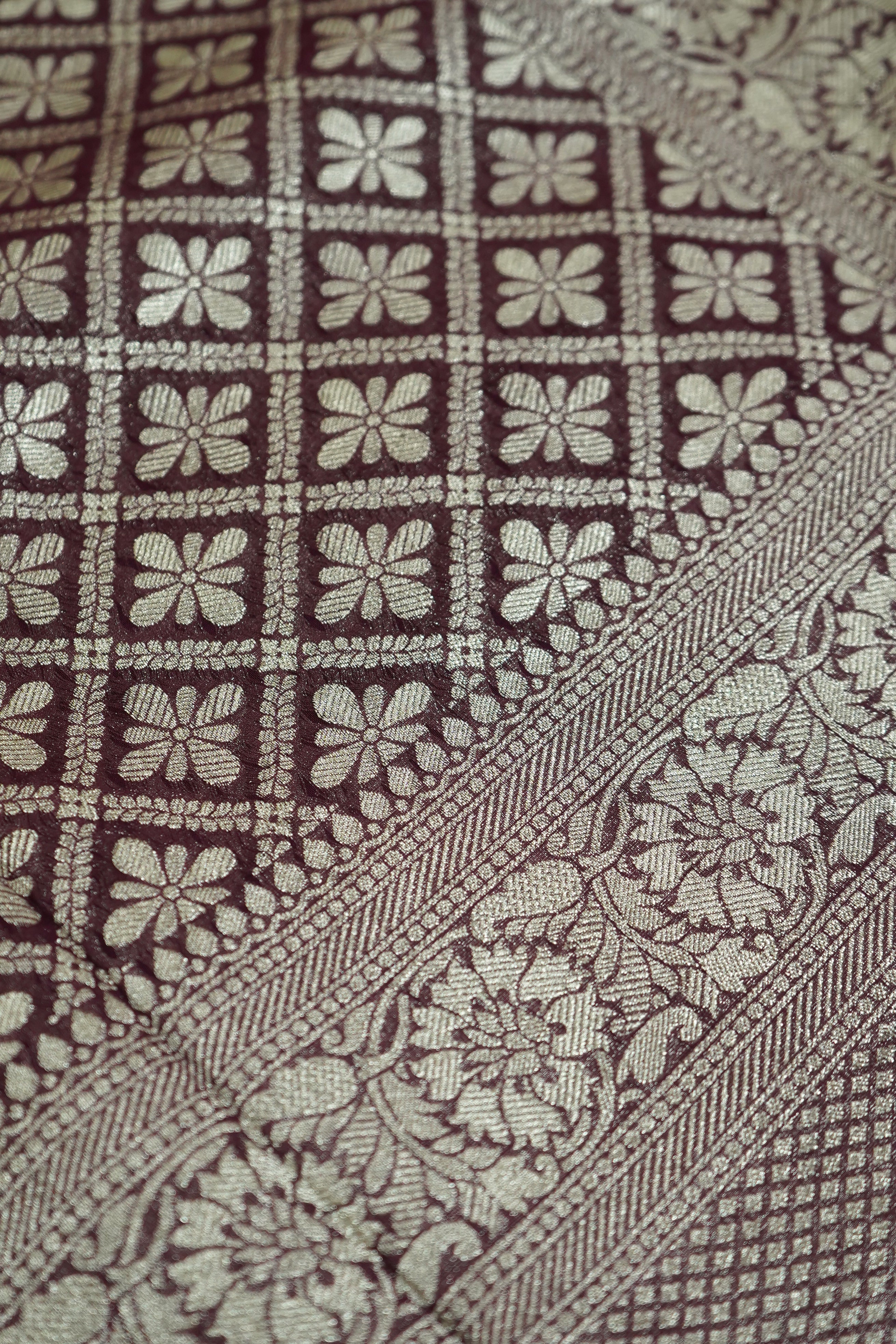 Dark Wine Purple Khaddi Georgette Pure Banarasi Saree with Champagne Zari Border