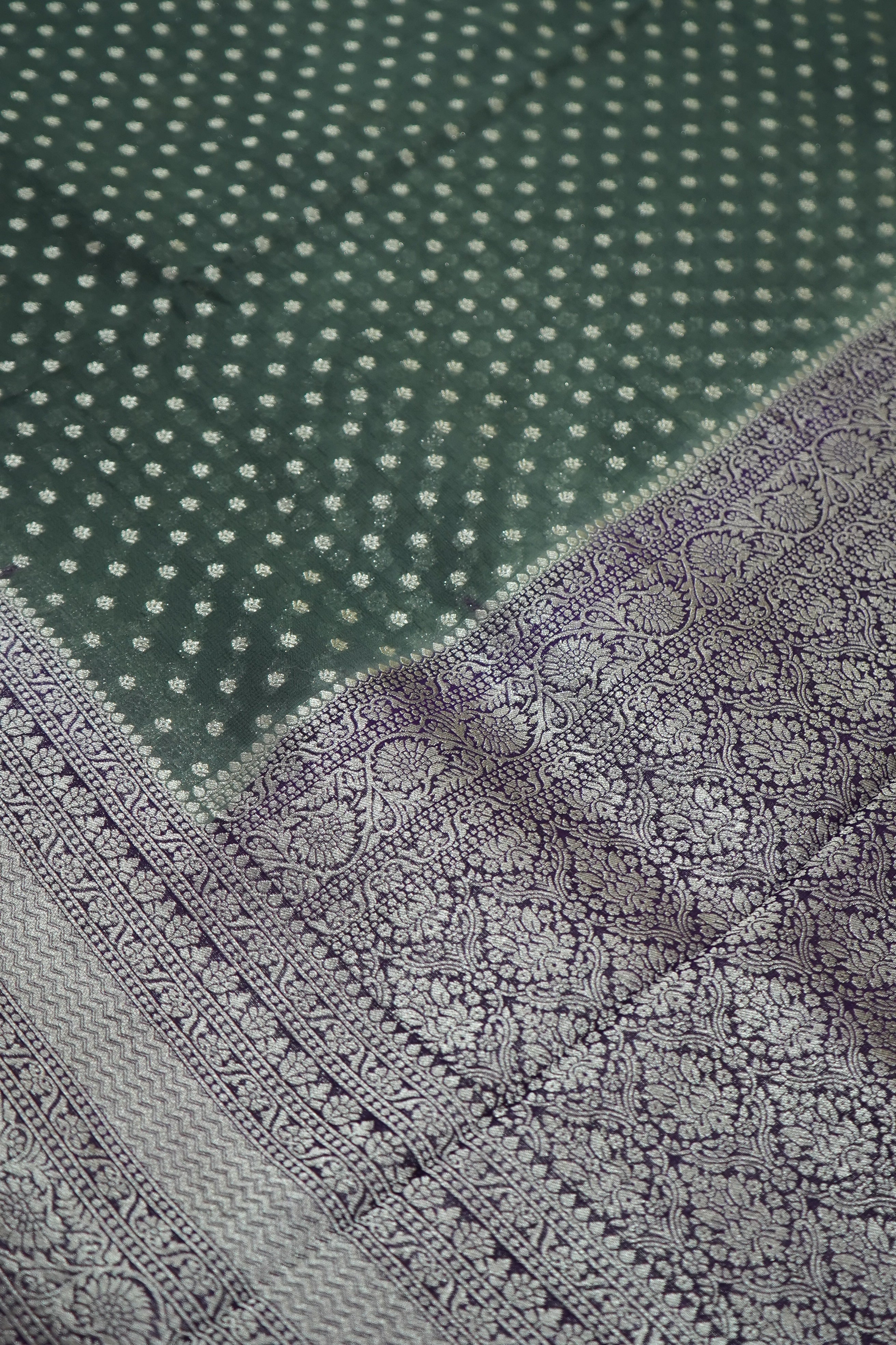 Dusty Sage Green Khaddi Georgette Pure Banarasi Saree with Contrast Royal Purple Border