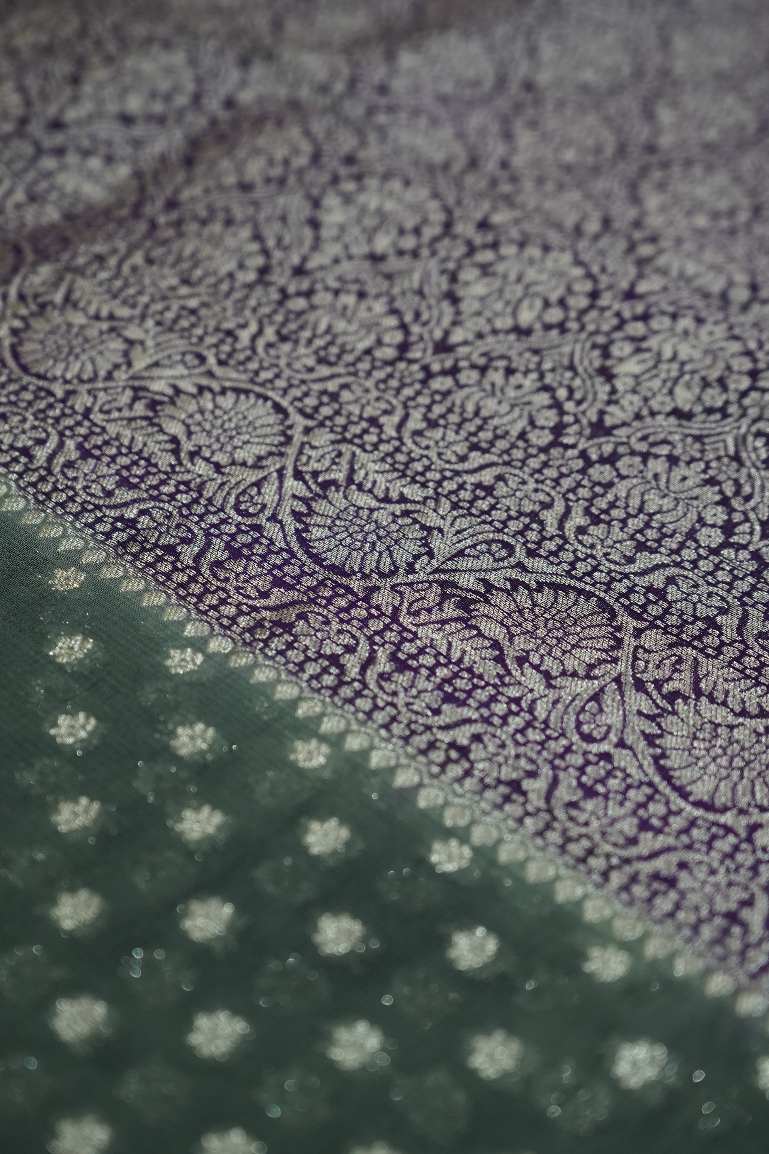 Dusty Sage Green Khaddi Georgette Pure Banarasi Saree with Contrast Royal Purple Border