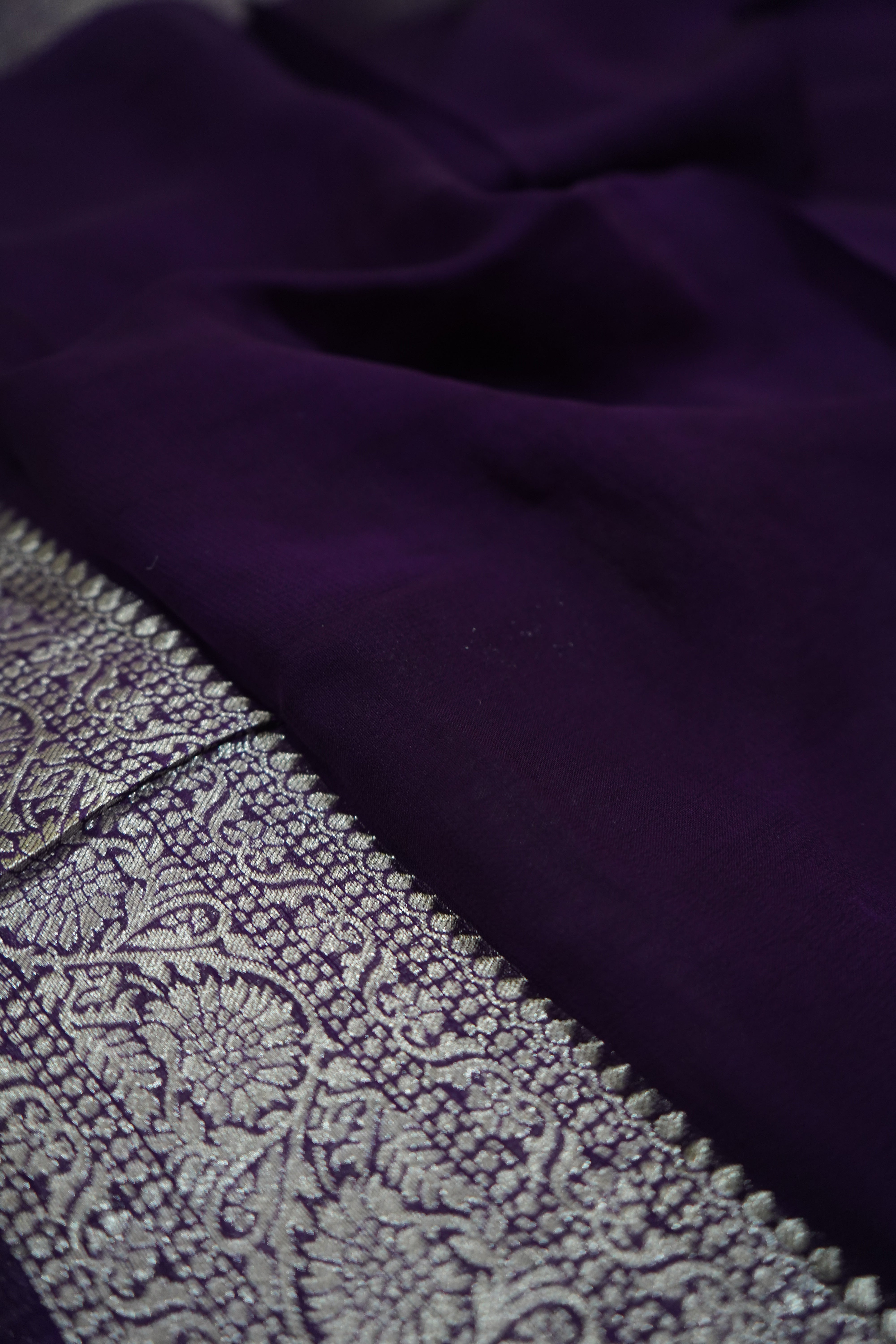 Dusty Sage Green Khaddi Georgette Pure Banarasi Saree with Contrast Royal Purple Border