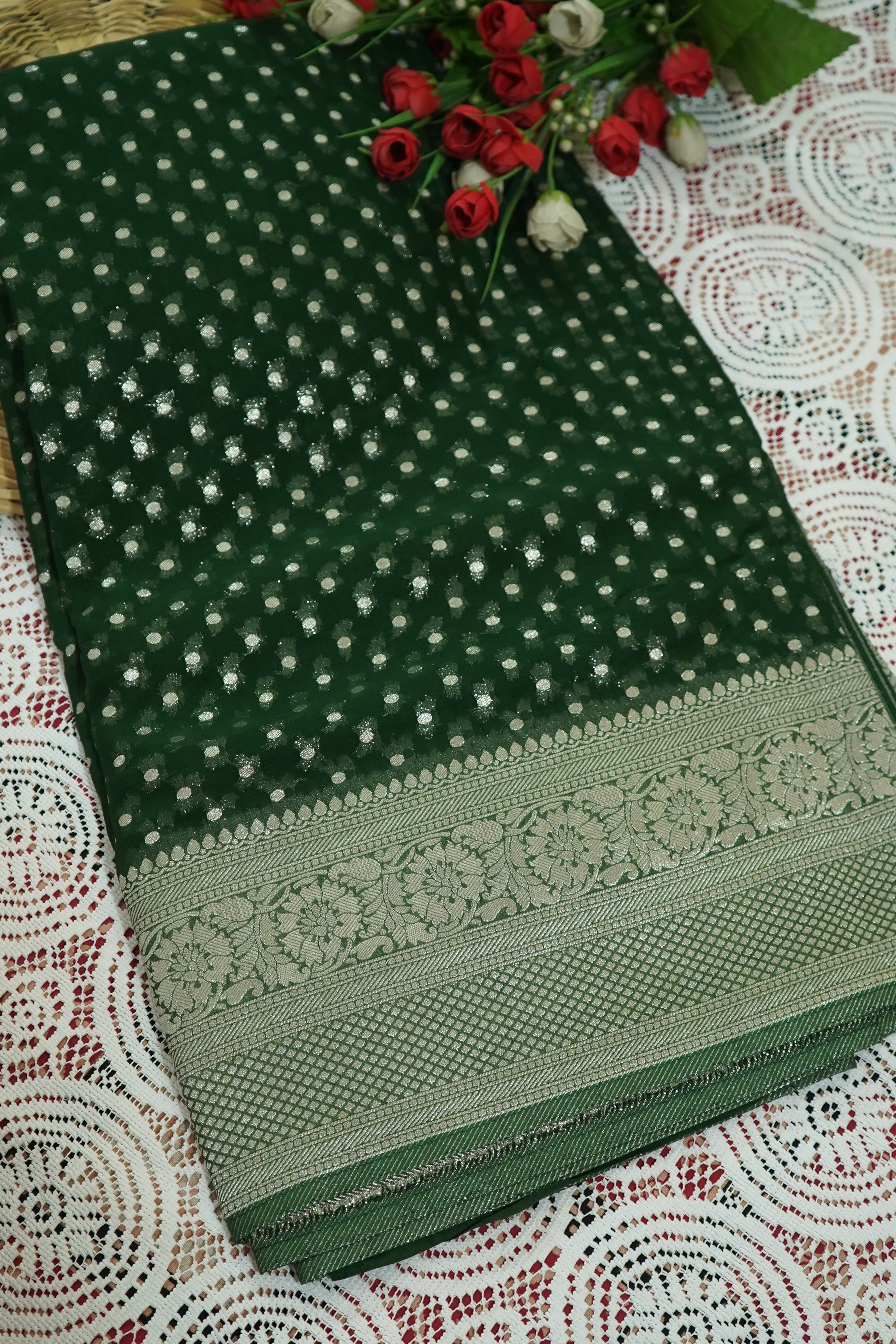 Deep Forest Green Khaddi Georgette Pure Banarasi Saree with Champagne Zari Border