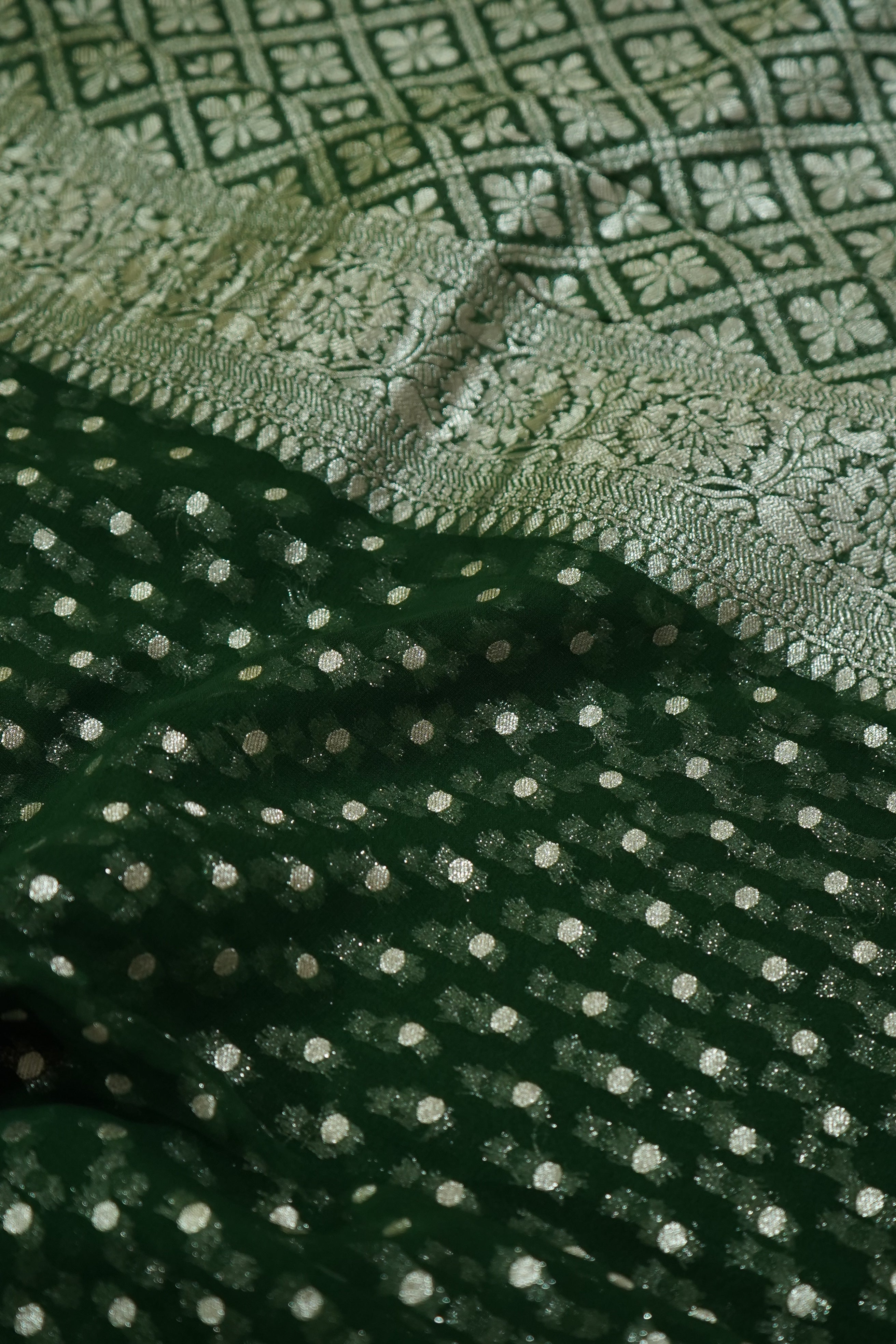 Deep Forest Green Khaddi Georgette Pure Banarasi Saree with Champagne Zari Border