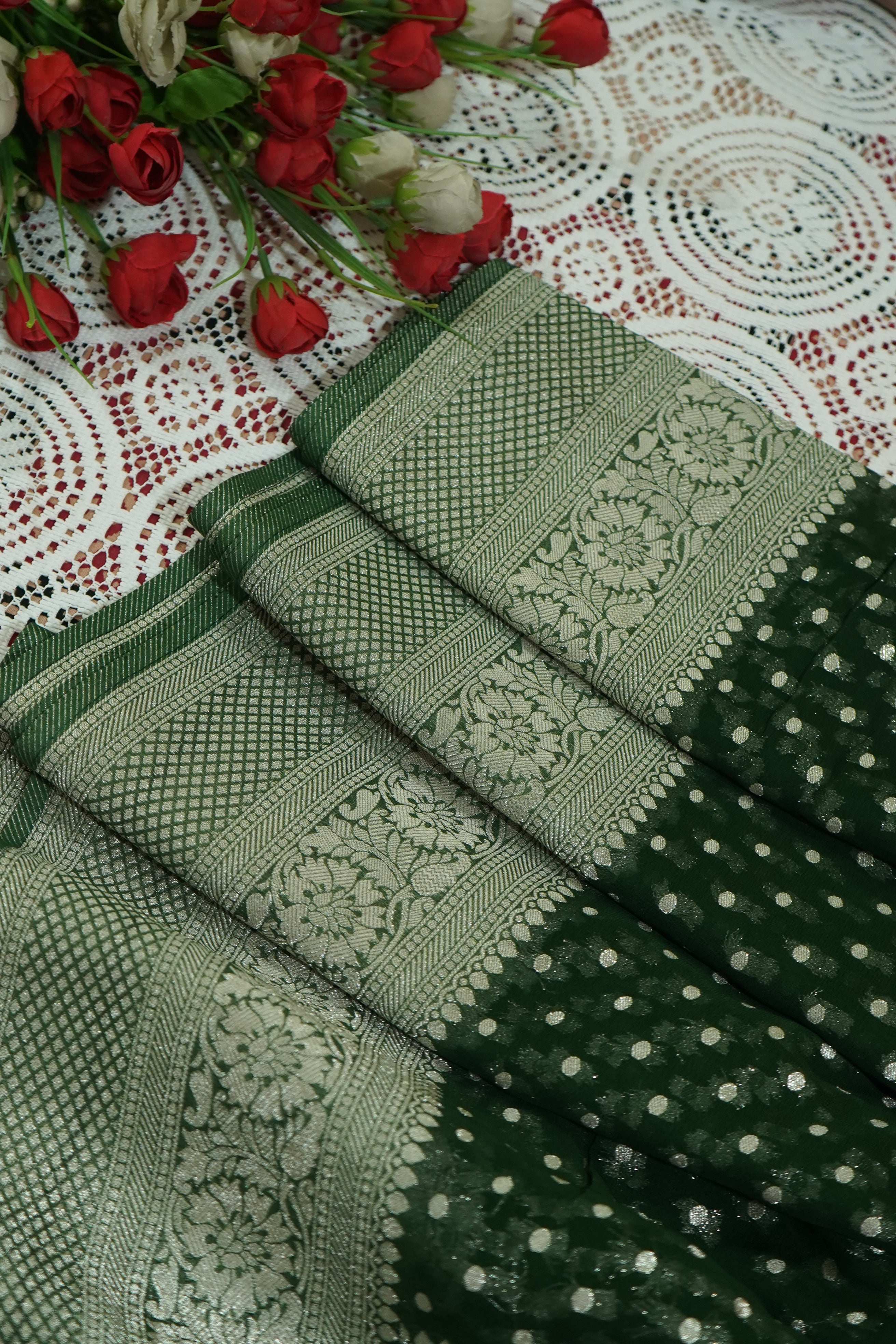 Deep Forest Green Khaddi Georgette Pure Banarasi Saree with Champagne Zari Border