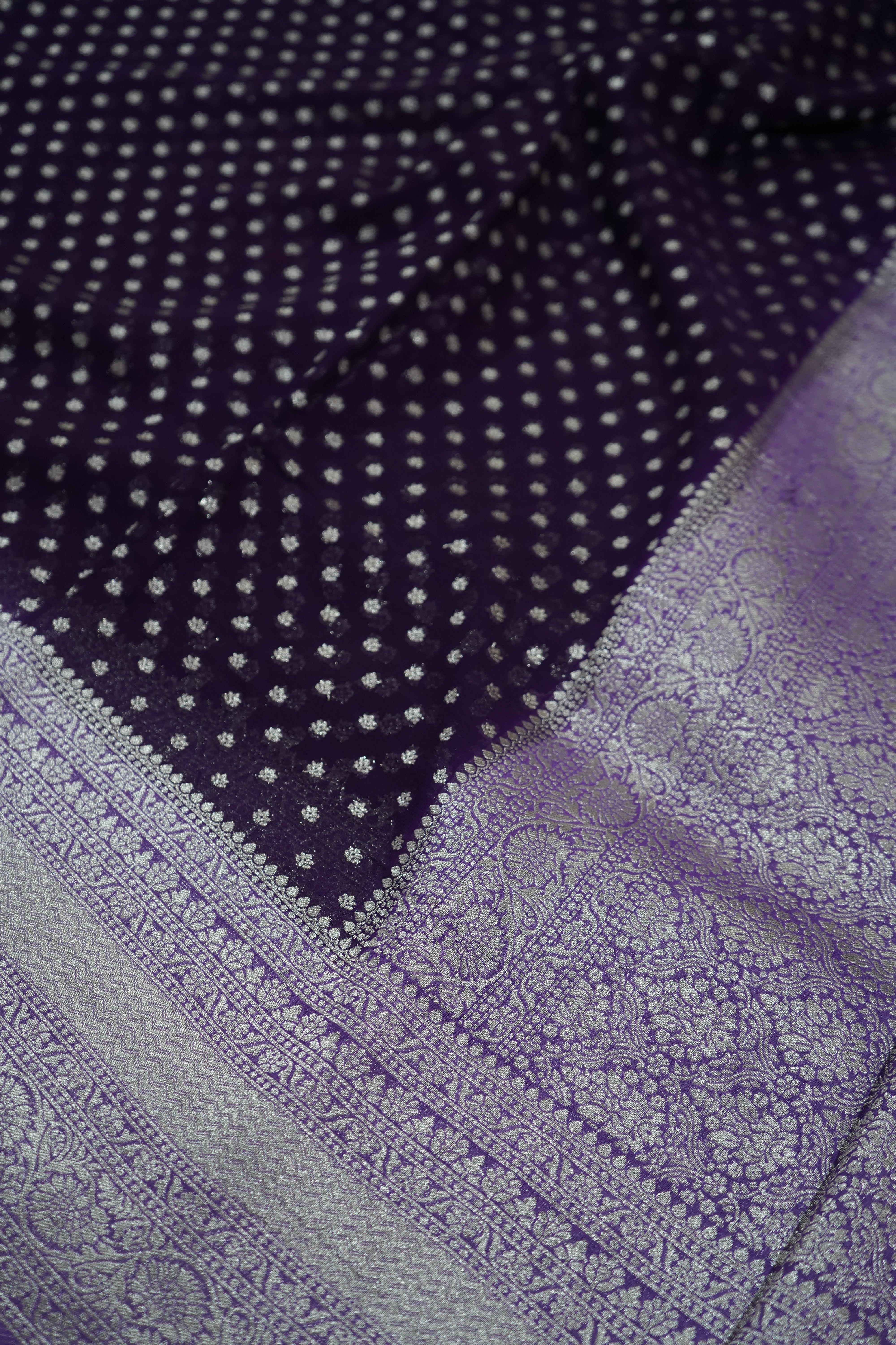 Deep Violet Purple Khaddi Georgette Pure Banarasi Saree with Champagne Zari Border