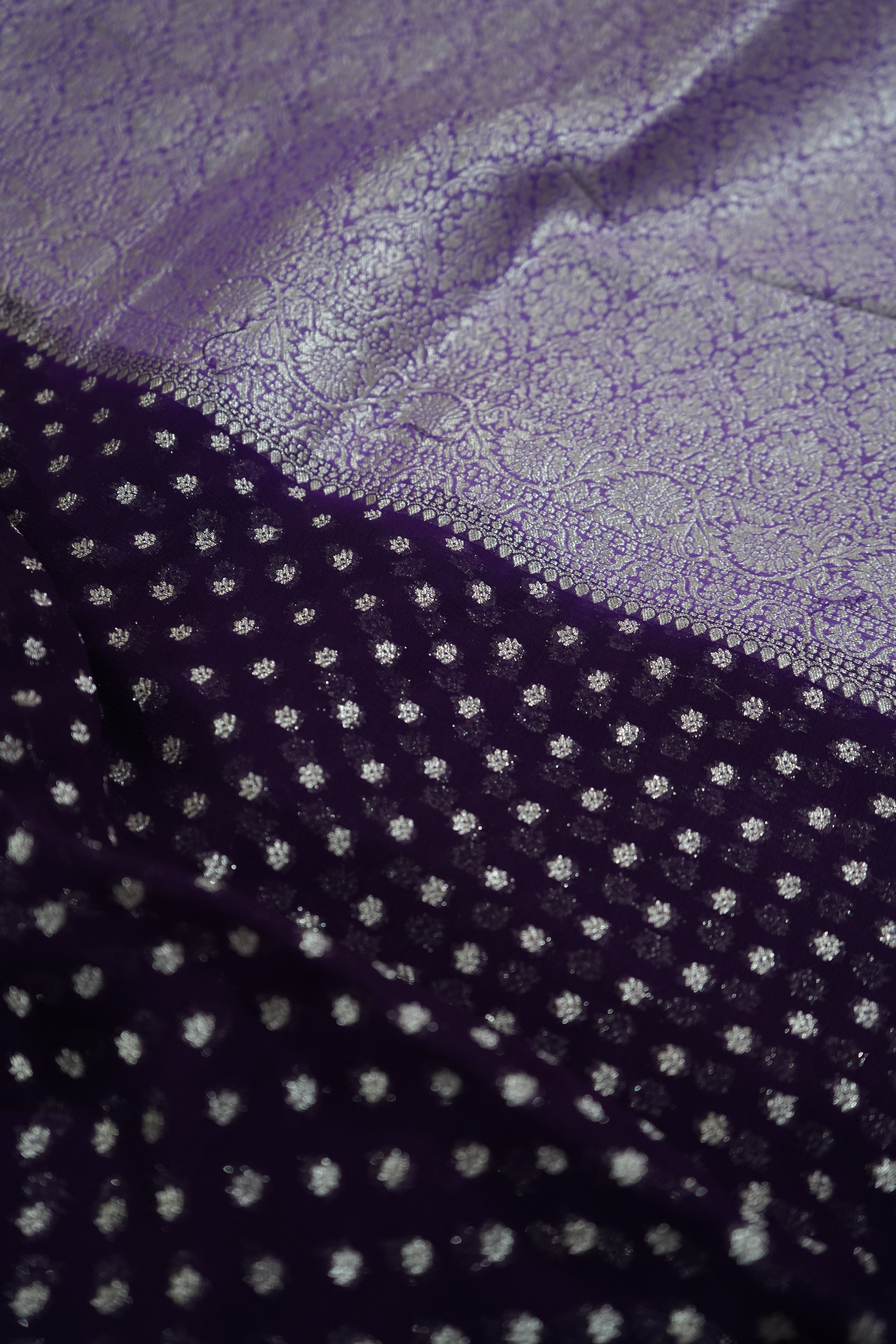 Deep Violet Purple Khaddi Georgette Pure Banarasi Saree with Champagne Zari Border