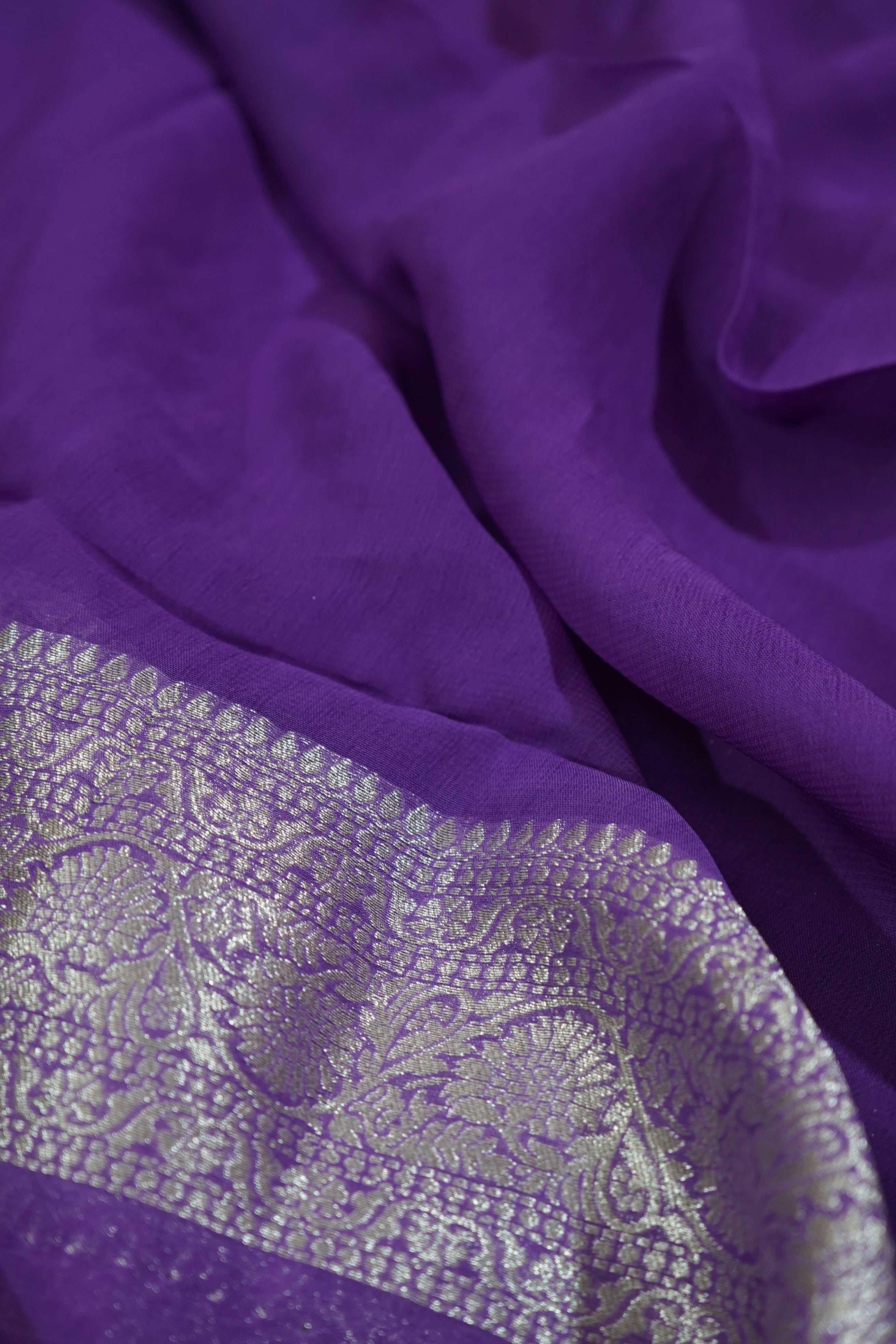 Deep Violet Purple Khaddi Georgette Pure Banarasi Saree with Champagne Zari Border