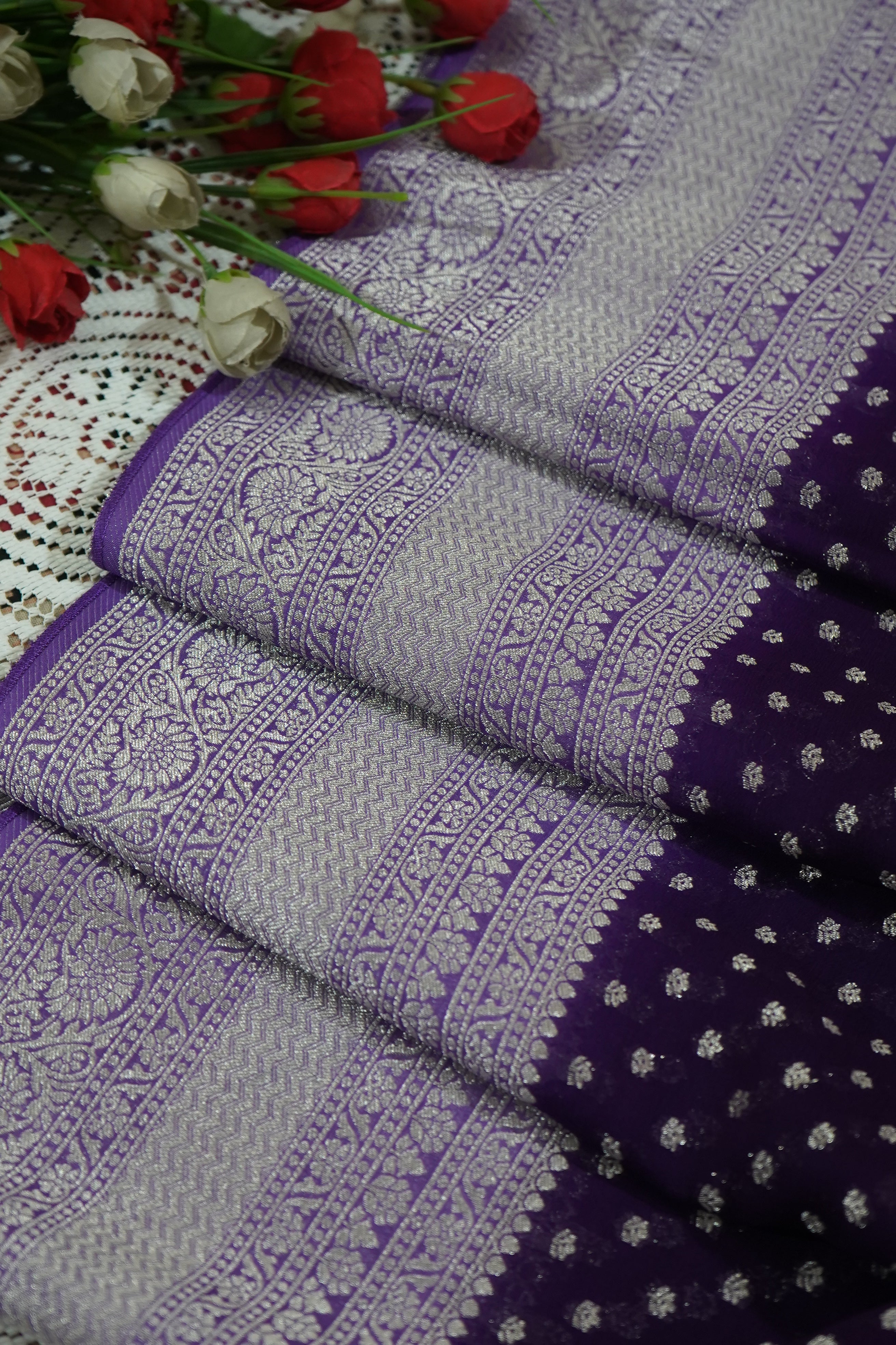 Deep Violet Purple Khaddi Georgette Pure Banarasi Saree with Champagne Zari Border