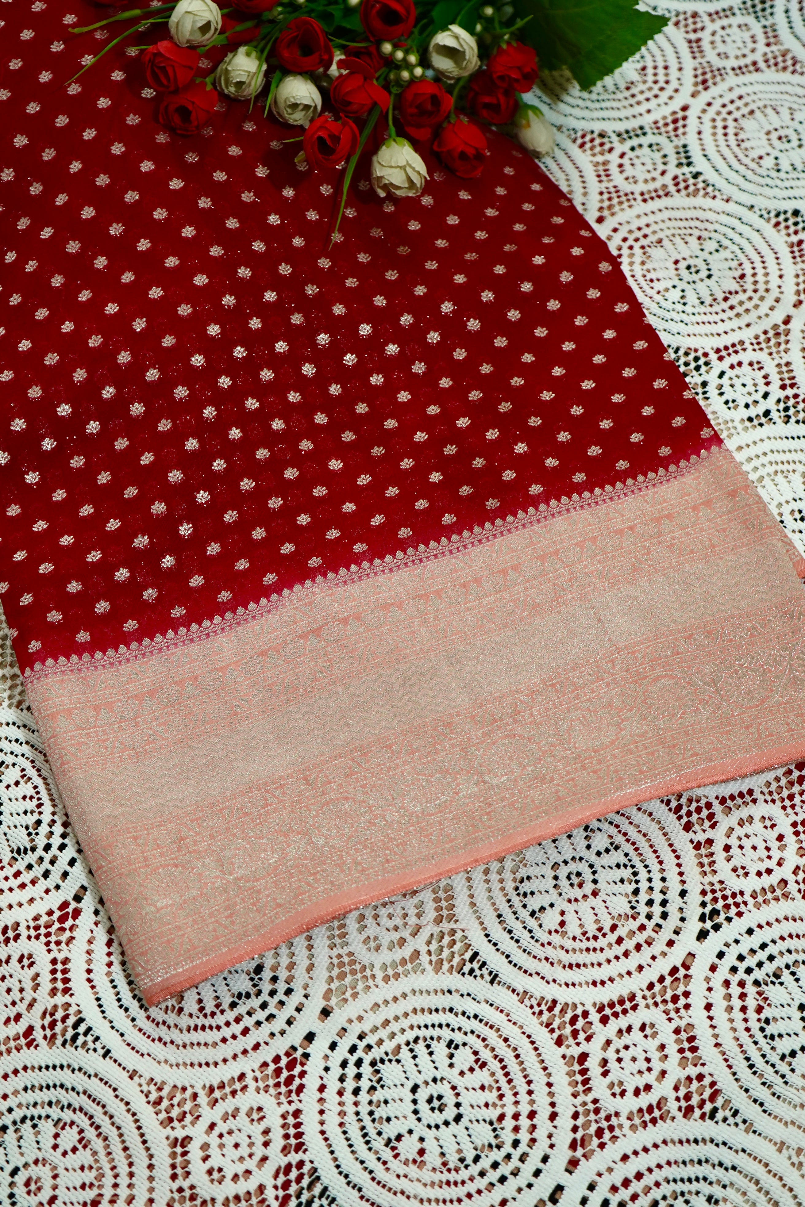 Deep Ruby Red Khaddi Georgette Pure Banarasi Saree with Champagne Zari Border