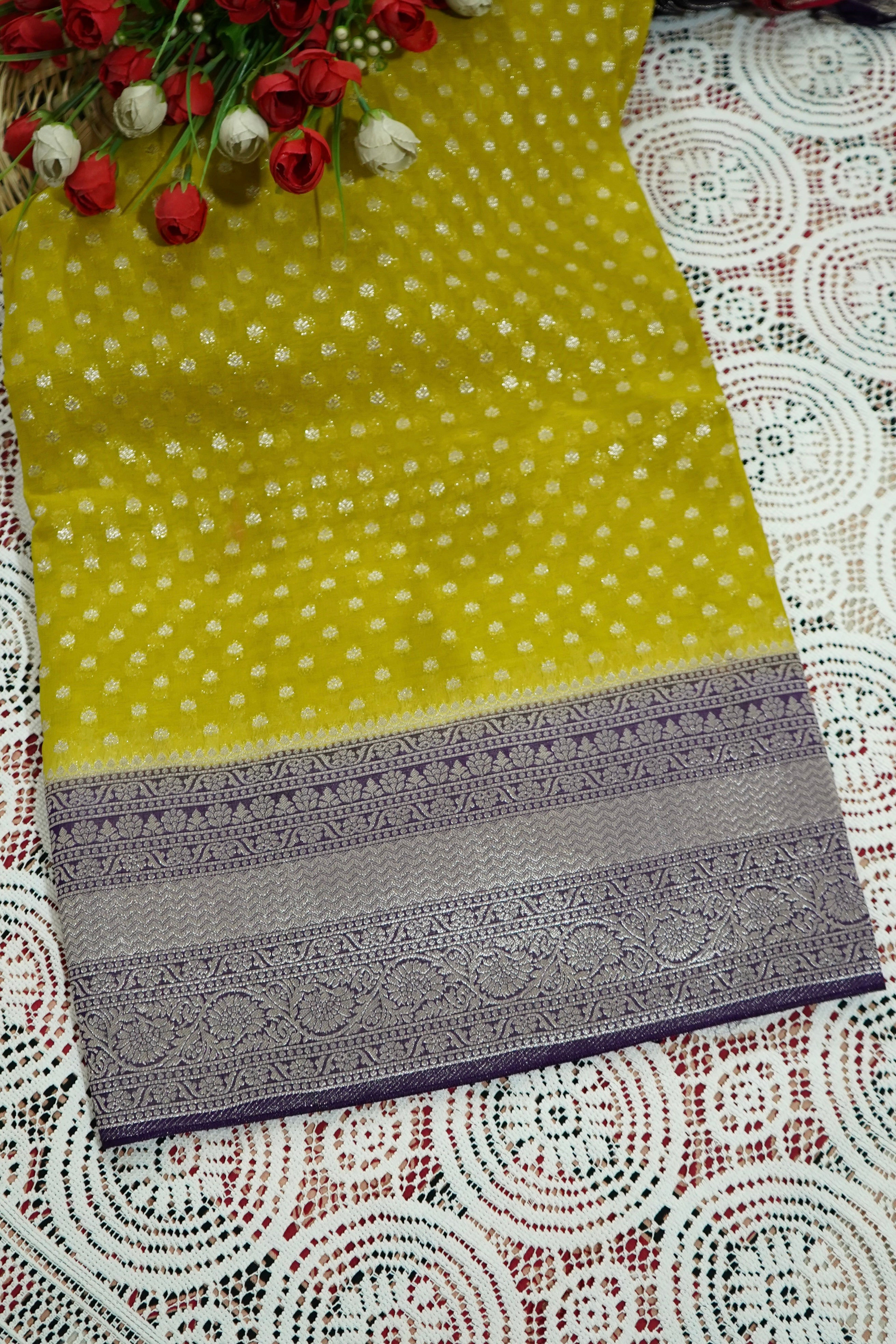 Mustard Yellow Khaddi Georgette Pure Banarasi Saree with Contrast Purple Border