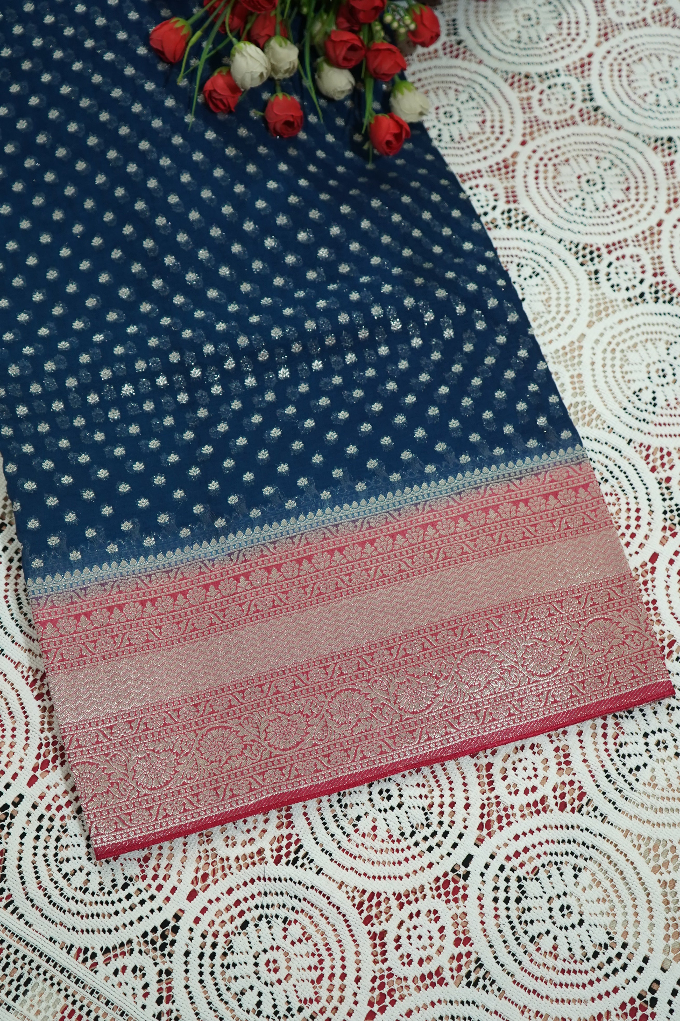 Midnight Navy Blue Khaddi Georgette Pure Banarasi Saree with Contrast Rose Red Border
