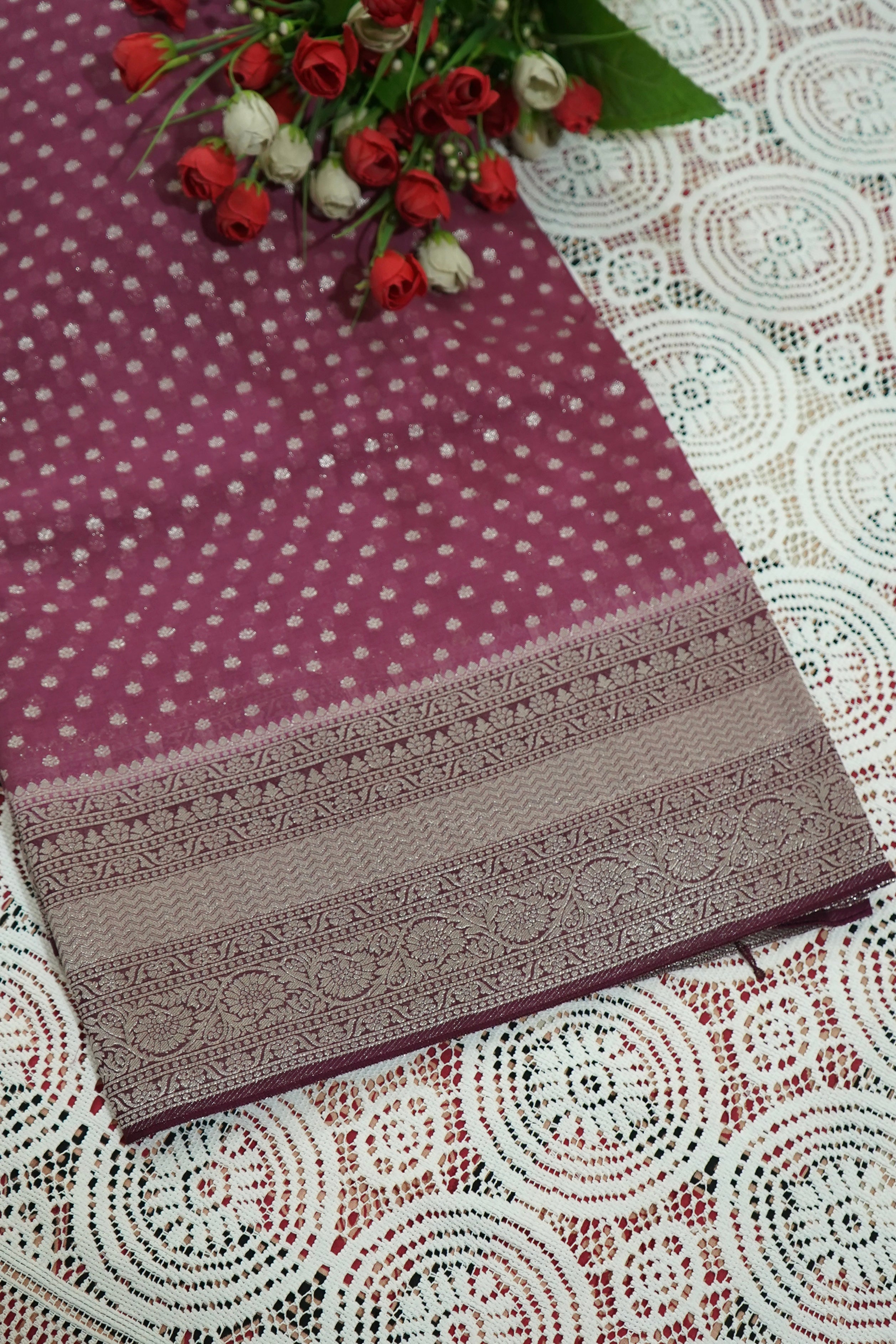 Dusty Mauve Khaddi Georgette Pure Banarasi Saree with Champagne Zari Border