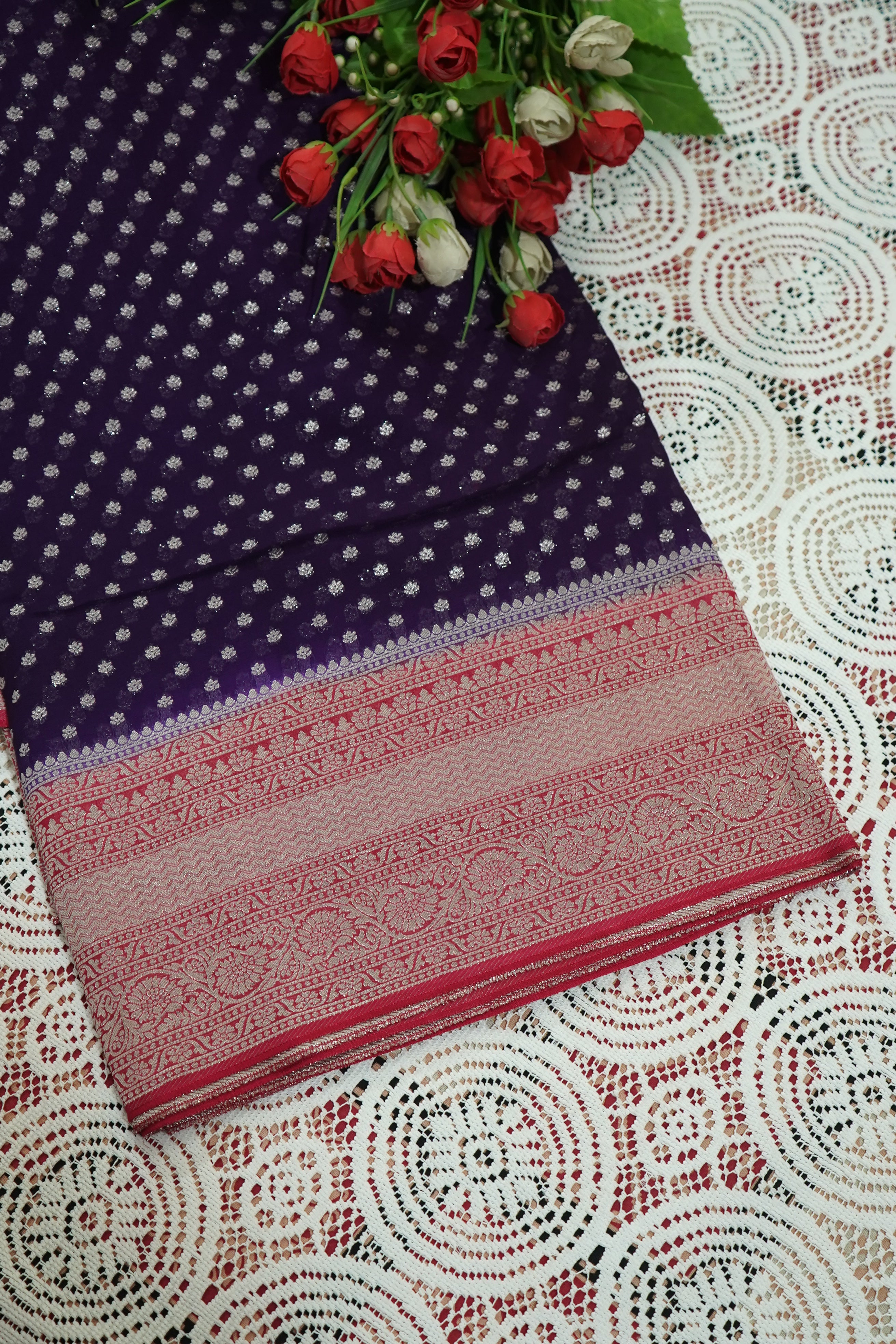 Deep Royal Purple Khaddi Georgette Pure Banarasi Saree with Contrast Rose Red Border