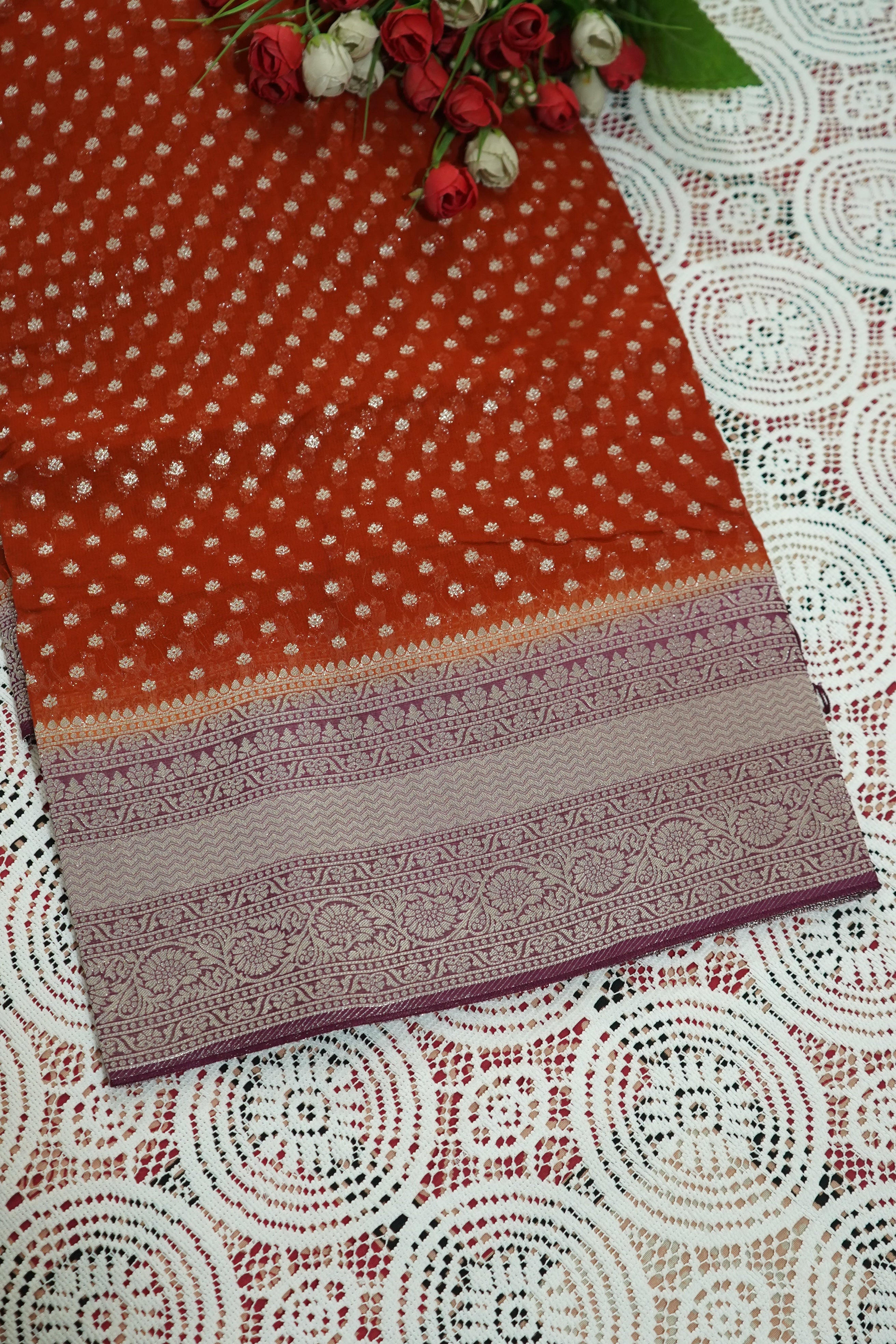 Burnt Orange Khaddi Georgette Pure Banarasi Saree with Contrast Mauve Grey Border