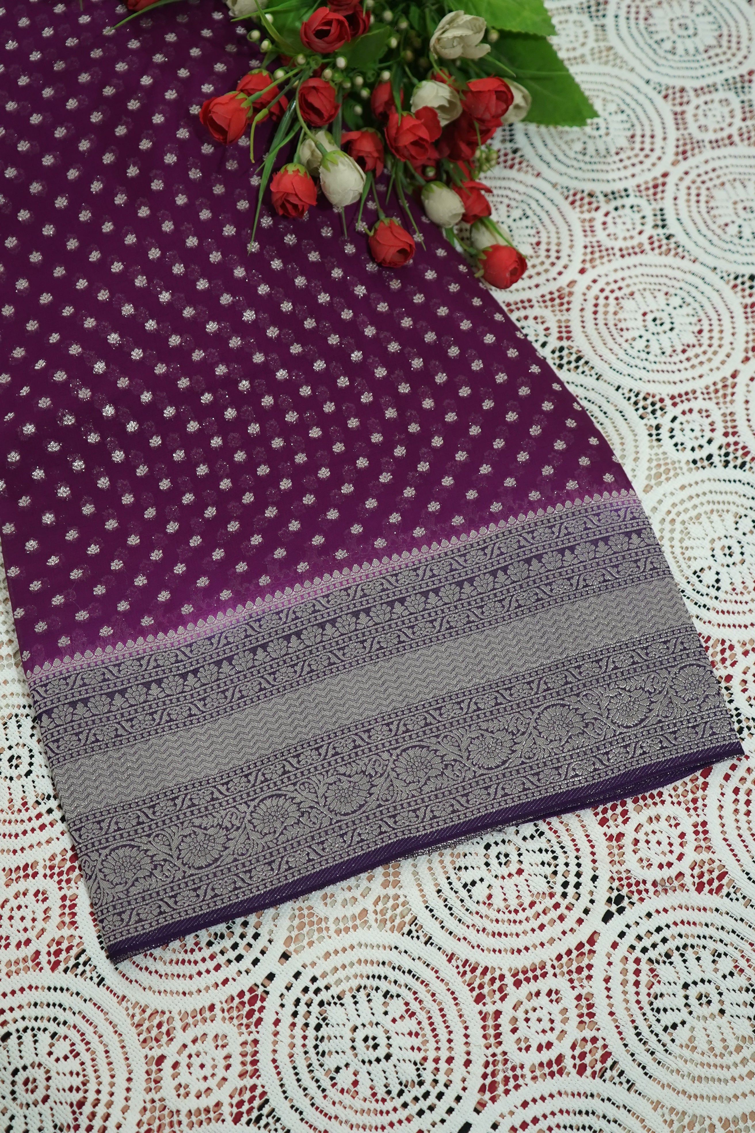 Orchid Purple Khaddi Georgette Pure Banarasi Saree with Contrast Smoky Lavender Grey Border