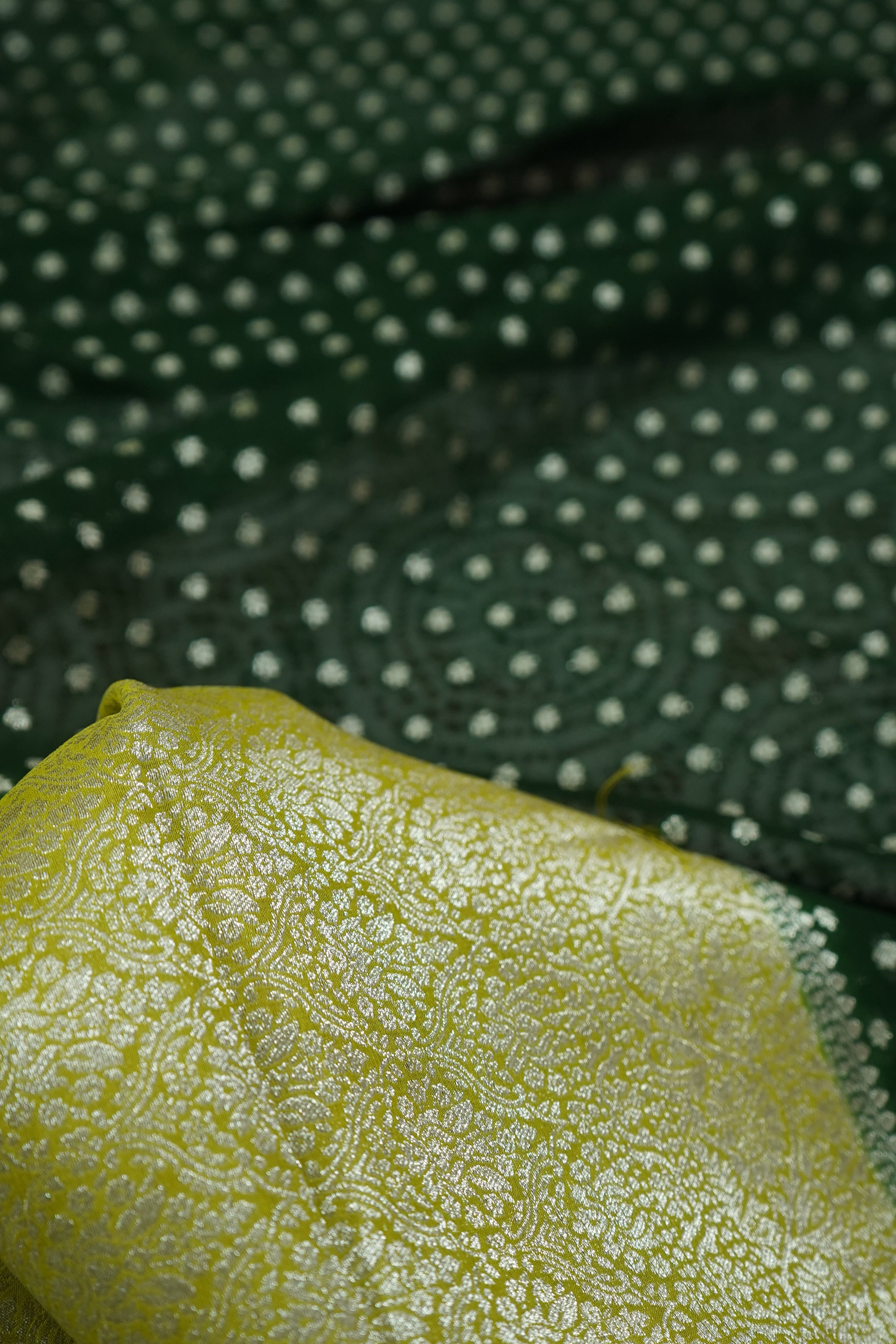 Emerald Green Khaddi Georgette Pure Banarasi Saree with Contrast Lime Yellow Border