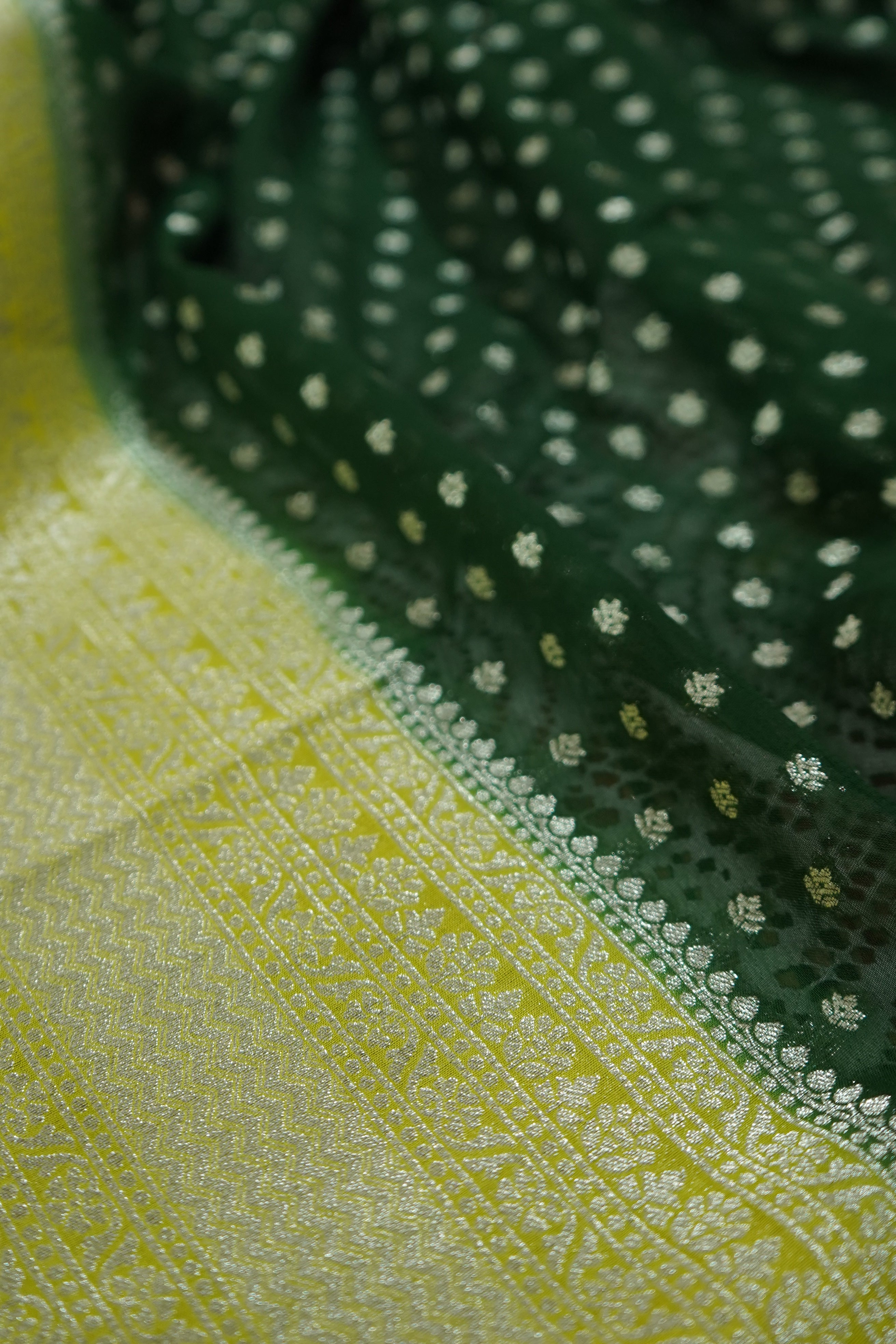 Bottle Green Khaddi Georgette Pure Banarasi Saree with Contrast Lime Yellow Border