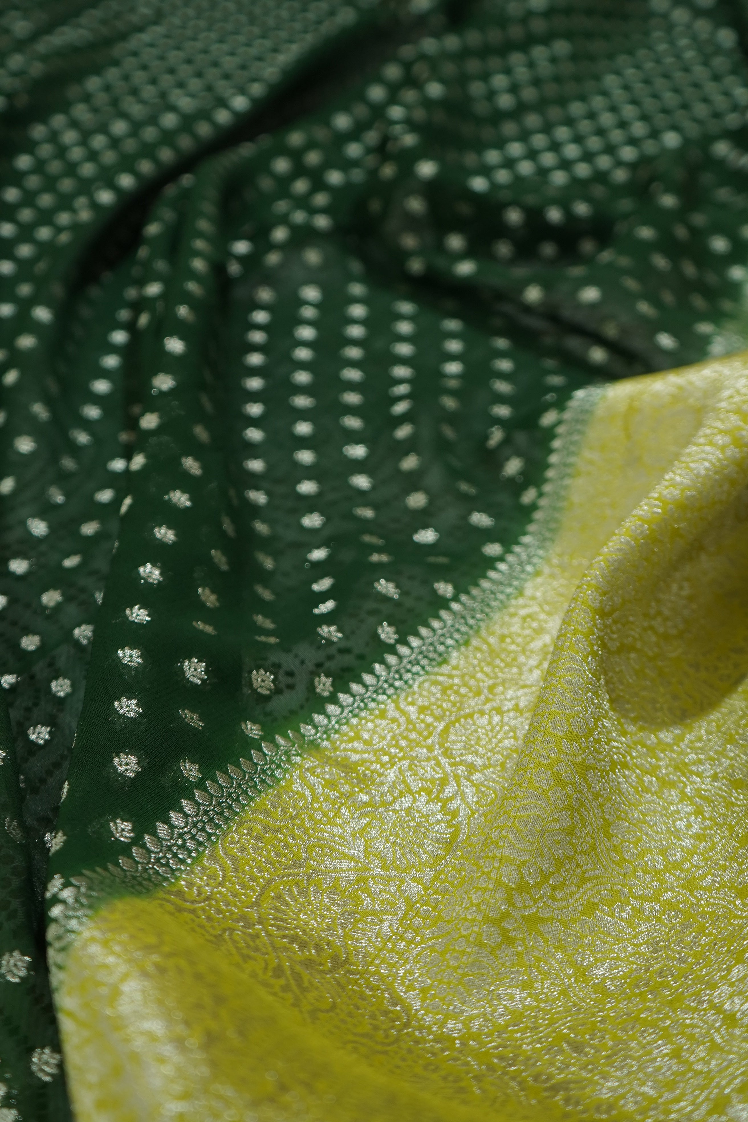 Bottle Green Khaddi Georgette Pure Banarasi Saree with Contrast Lime Yellow Border