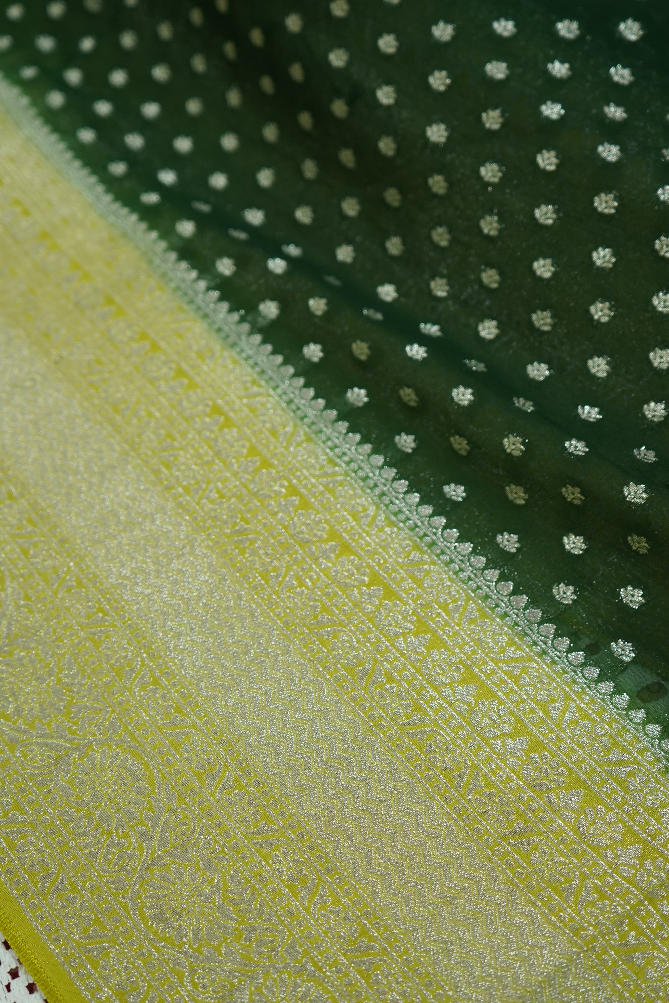 Bottle Green Khaddi Georgette Pure Banarasi Saree with Contrast Lime Yellow Border