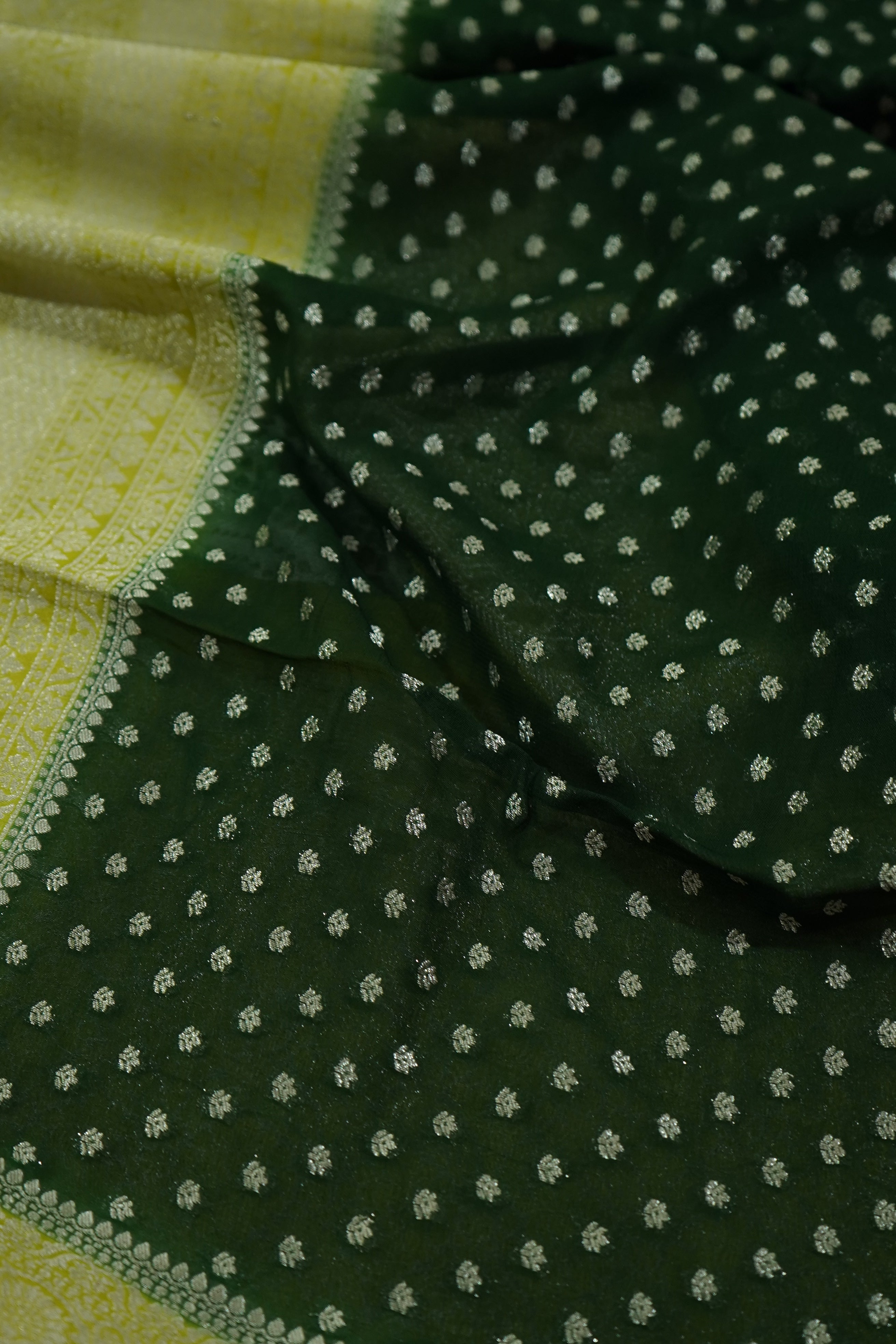 Emerald Green Khaddi Georgette Pure Banarasi Saree with Contrast Lime Yellow Border
