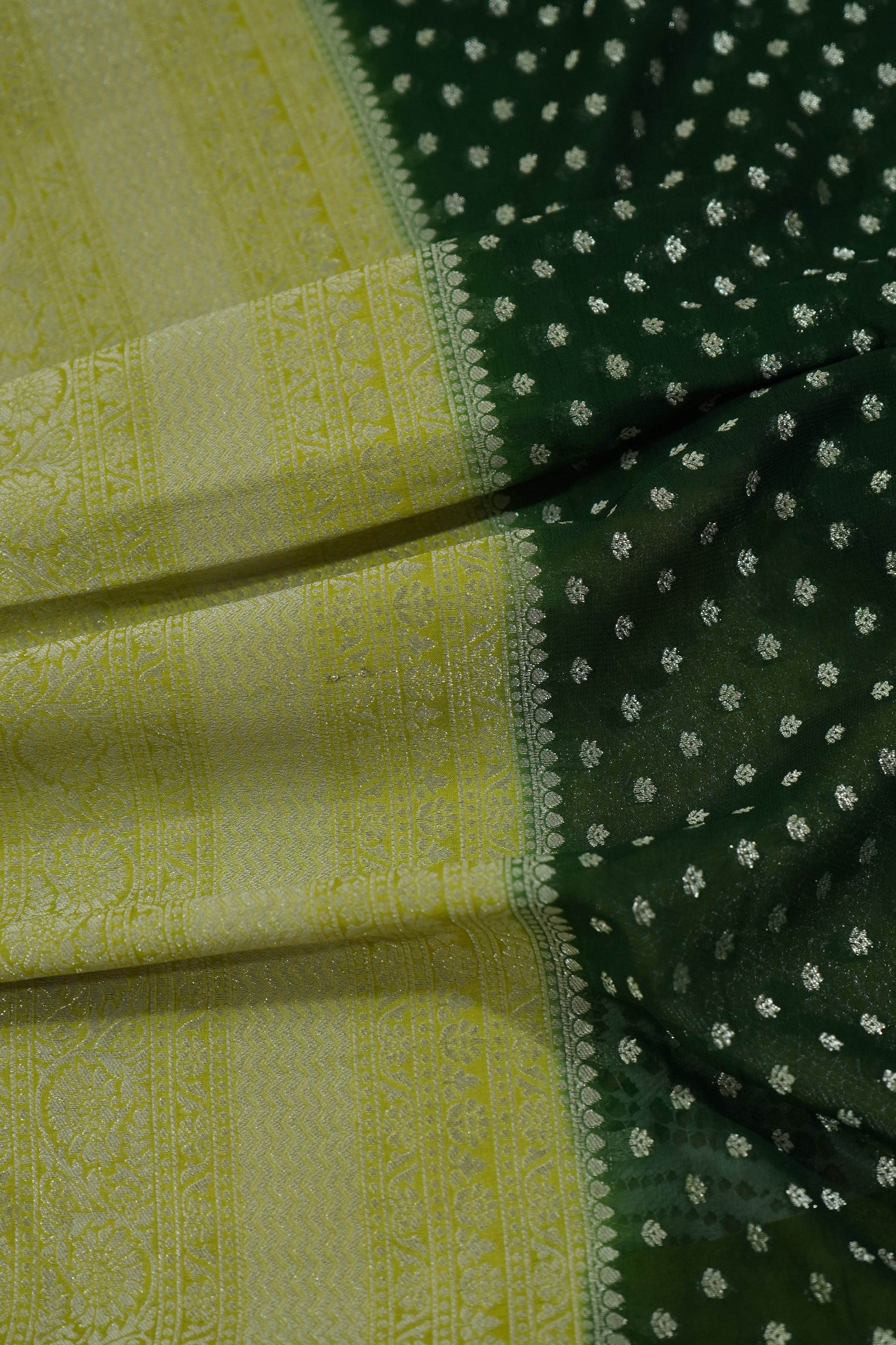 Emerald Green Khaddi Georgette Pure Banarasi Saree with Contrast Lime Yellow Border