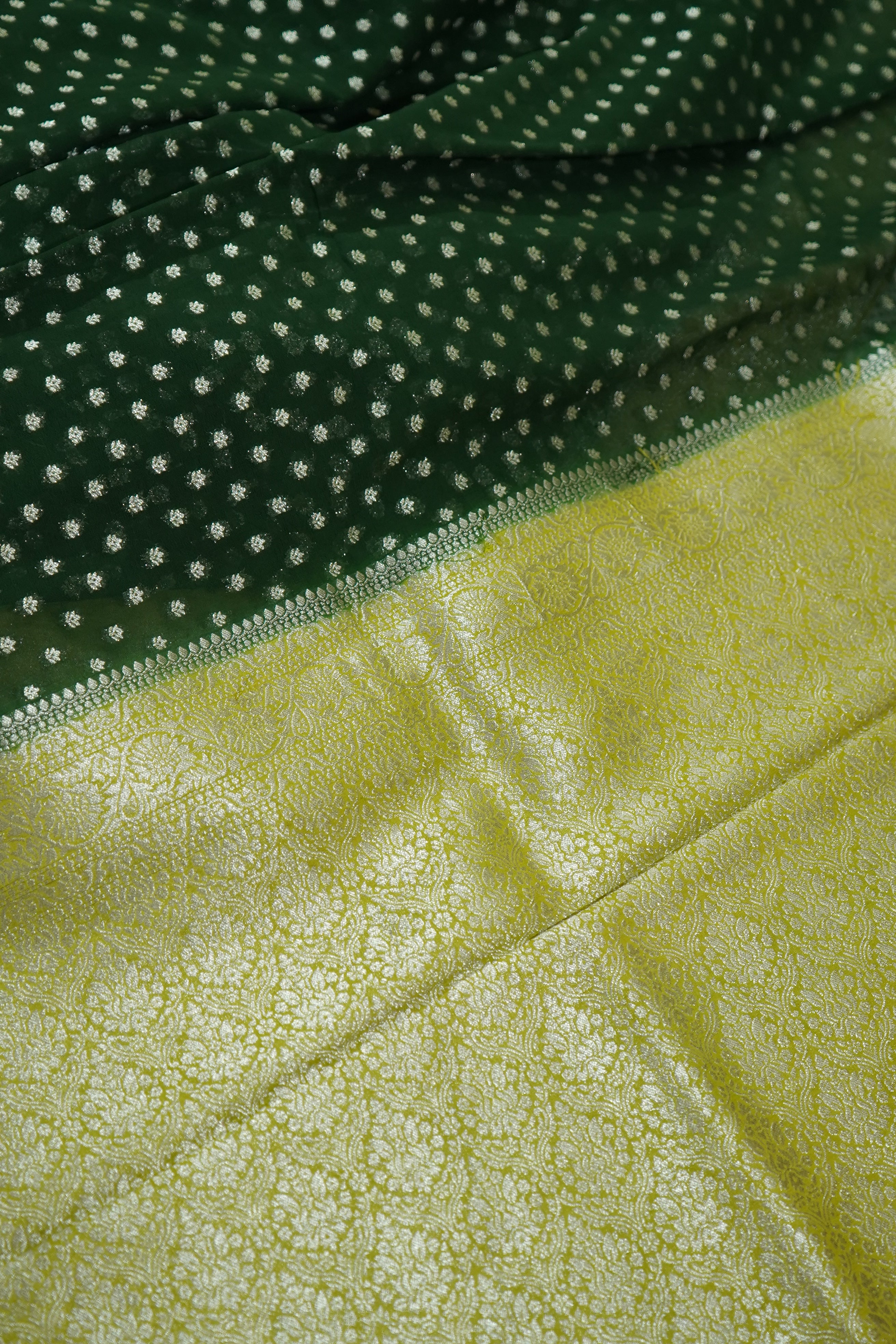 Bottle Green Khaddi Georgette Pure Banarasi Saree with Contrast Lime Yellow Border