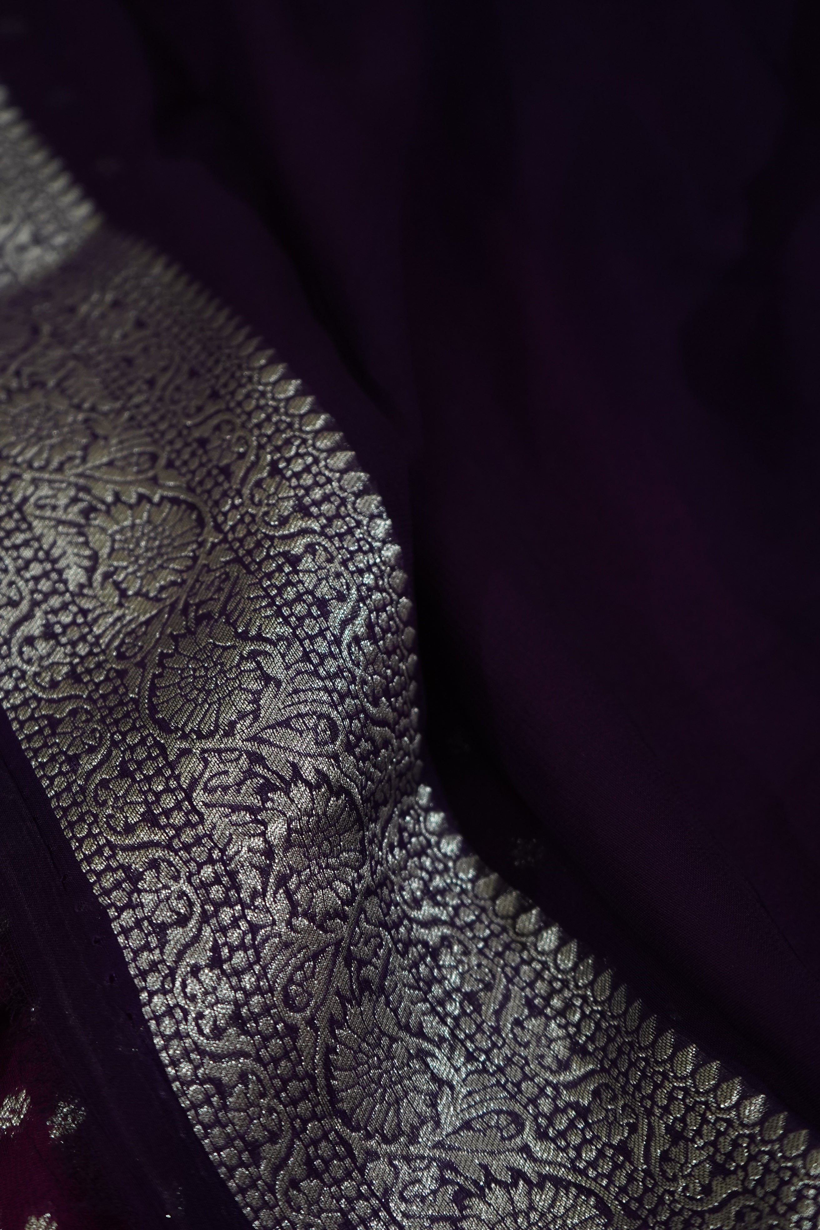 Orchid Purple Khaddi Georgette Pure Banarasi Saree with Contrast Smoky Lavender Grey Border