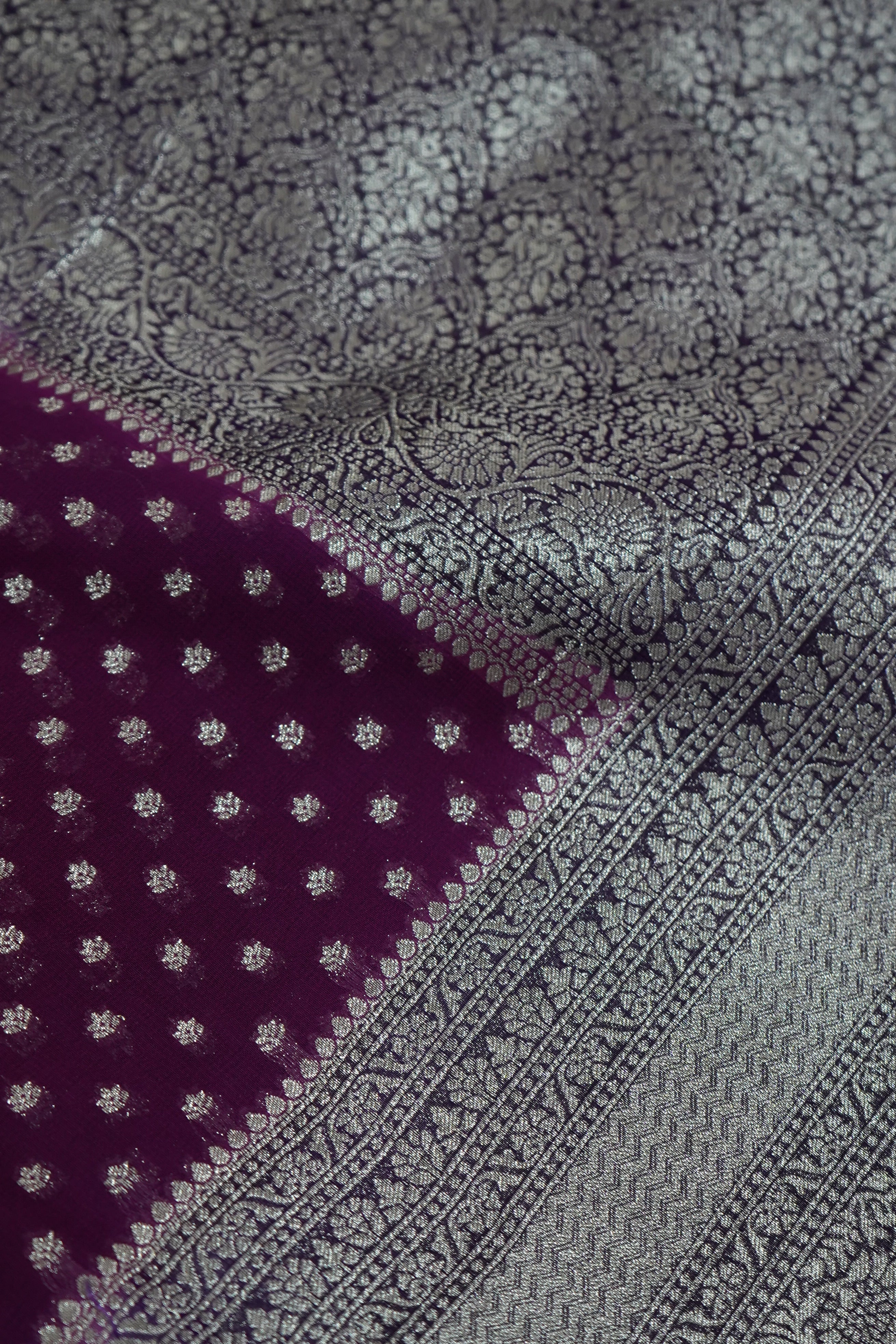 Orchid Purple Khaddi Georgette Pure Banarasi Saree with Contrast Smoky Lavender Grey Border