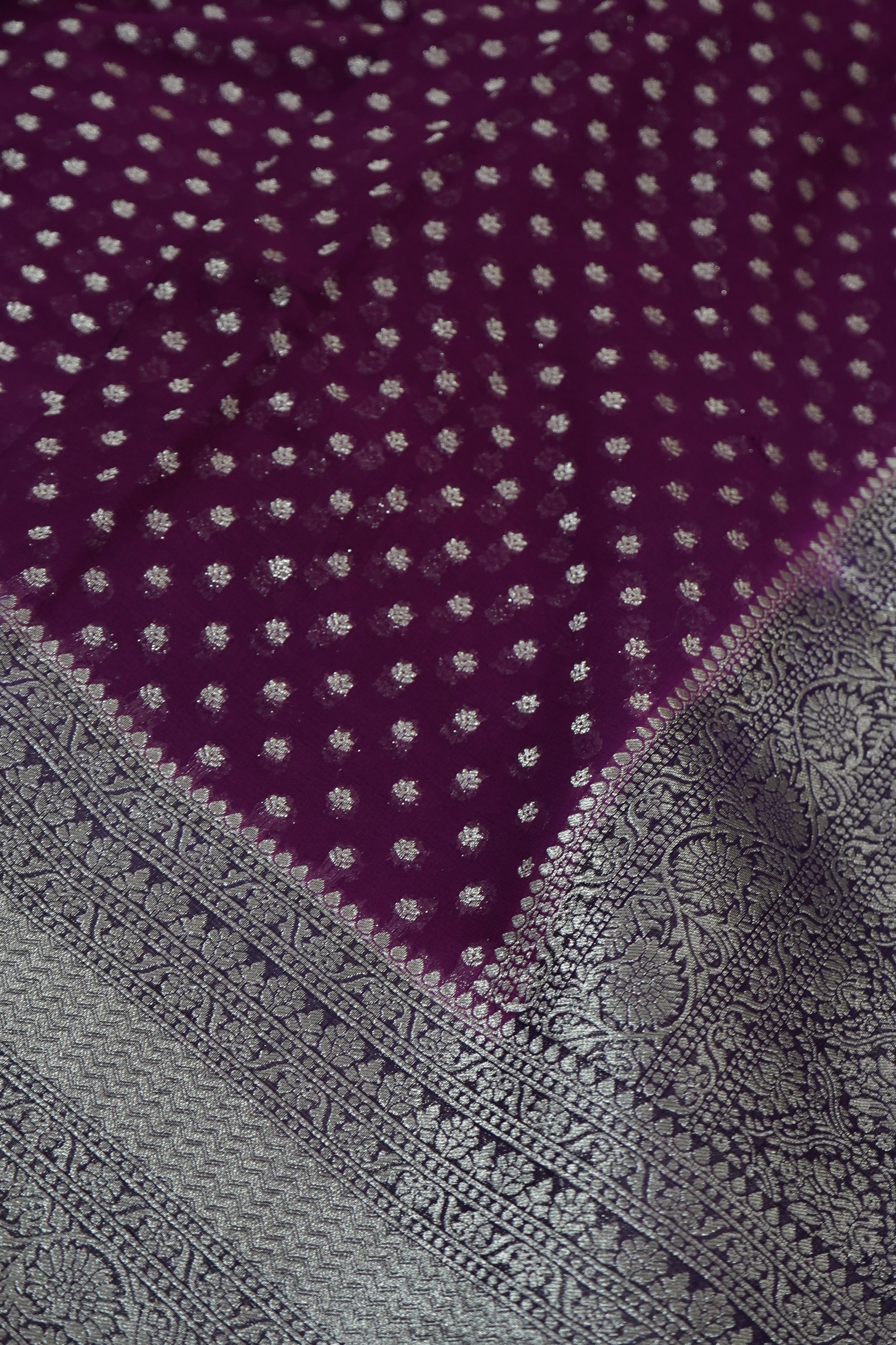 Orchid Purple Khaddi Georgette Pure Banarasi Saree with Contrast Smoky Lavender Grey Border