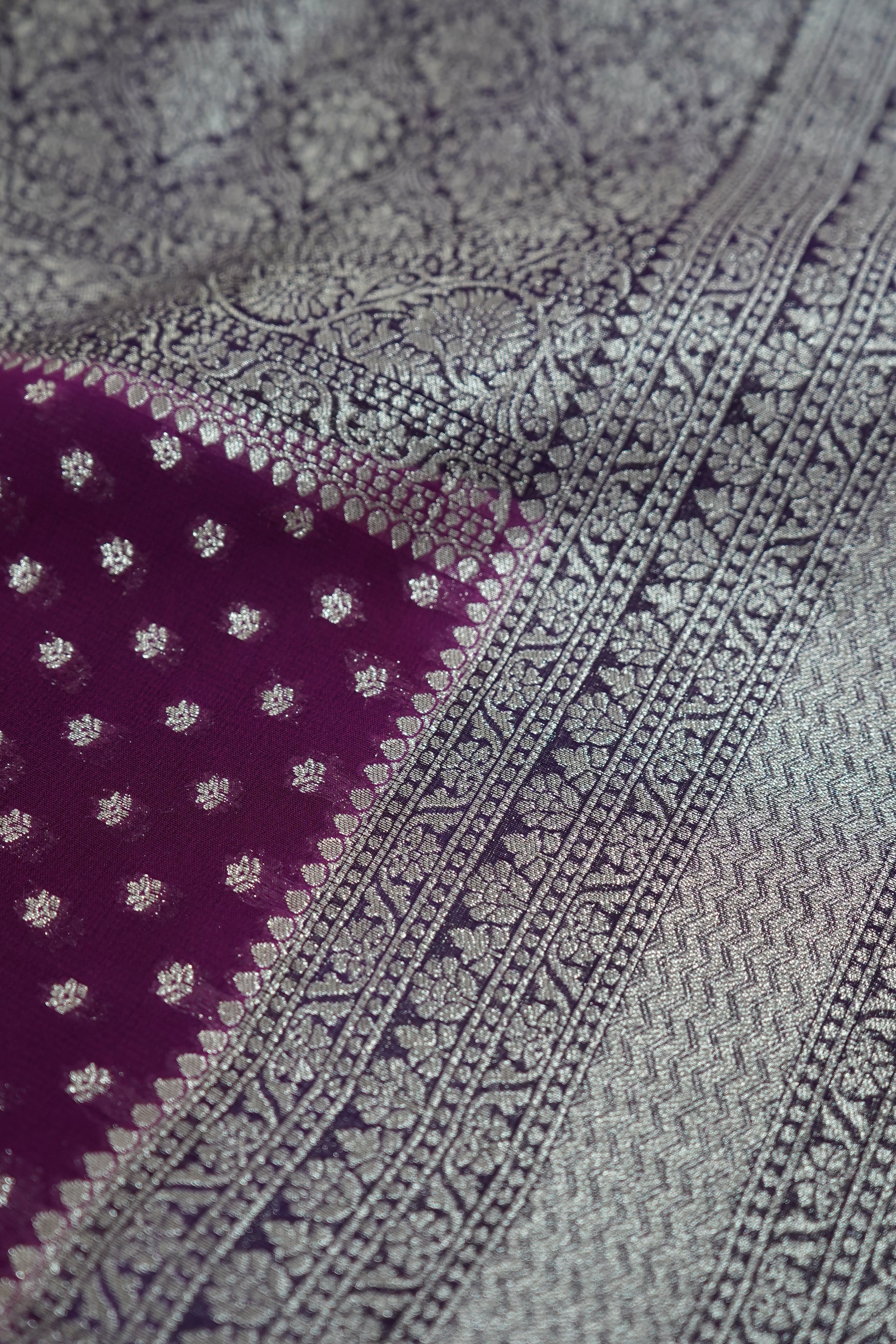 Orchid Purple Khaddi Georgette Pure Banarasi Saree with Contrast Smoky Lavender Grey Border
