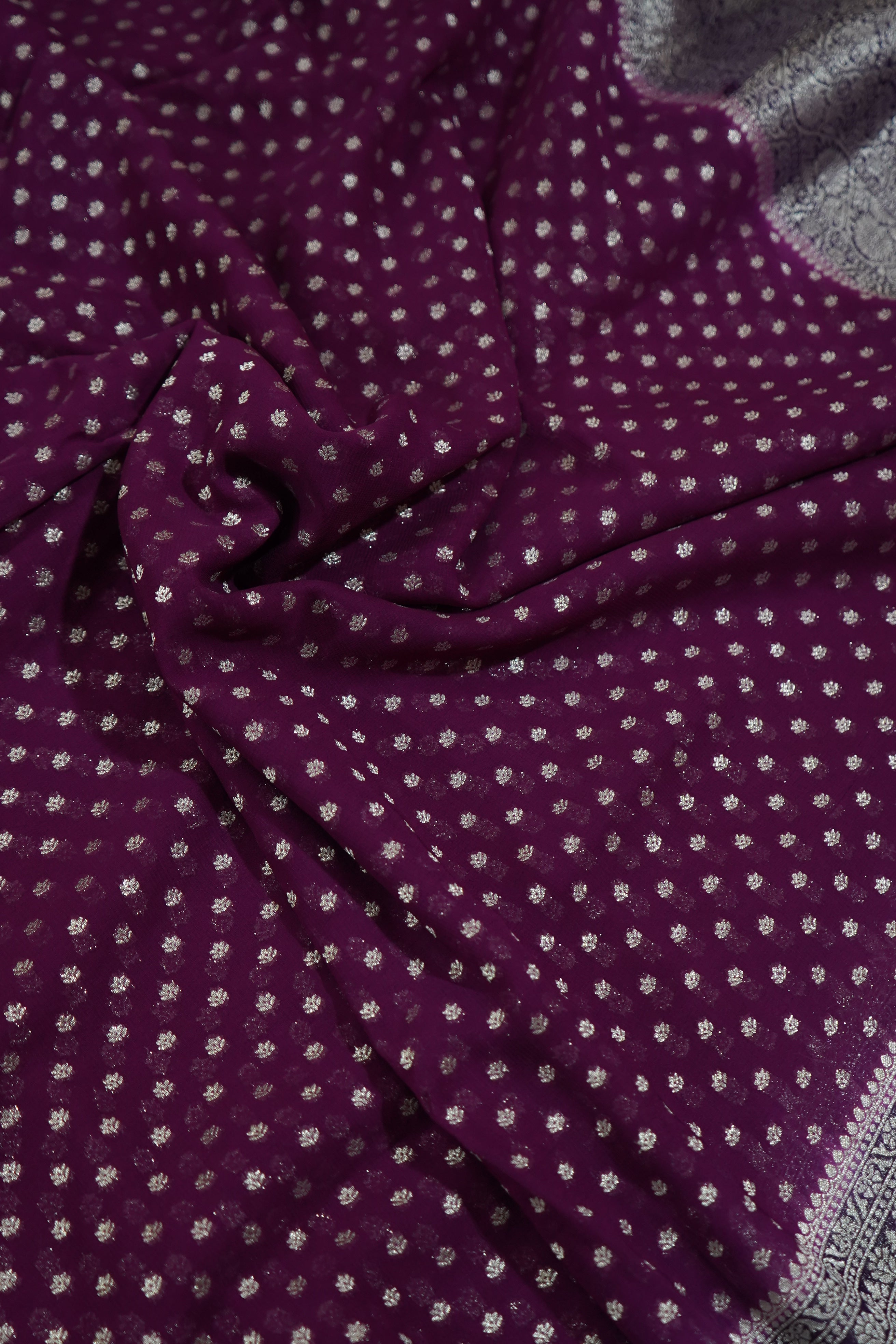 Orchid Purple Khaddi Georgette Pure Banarasi Saree with Contrast Smoky Lavender Grey Border