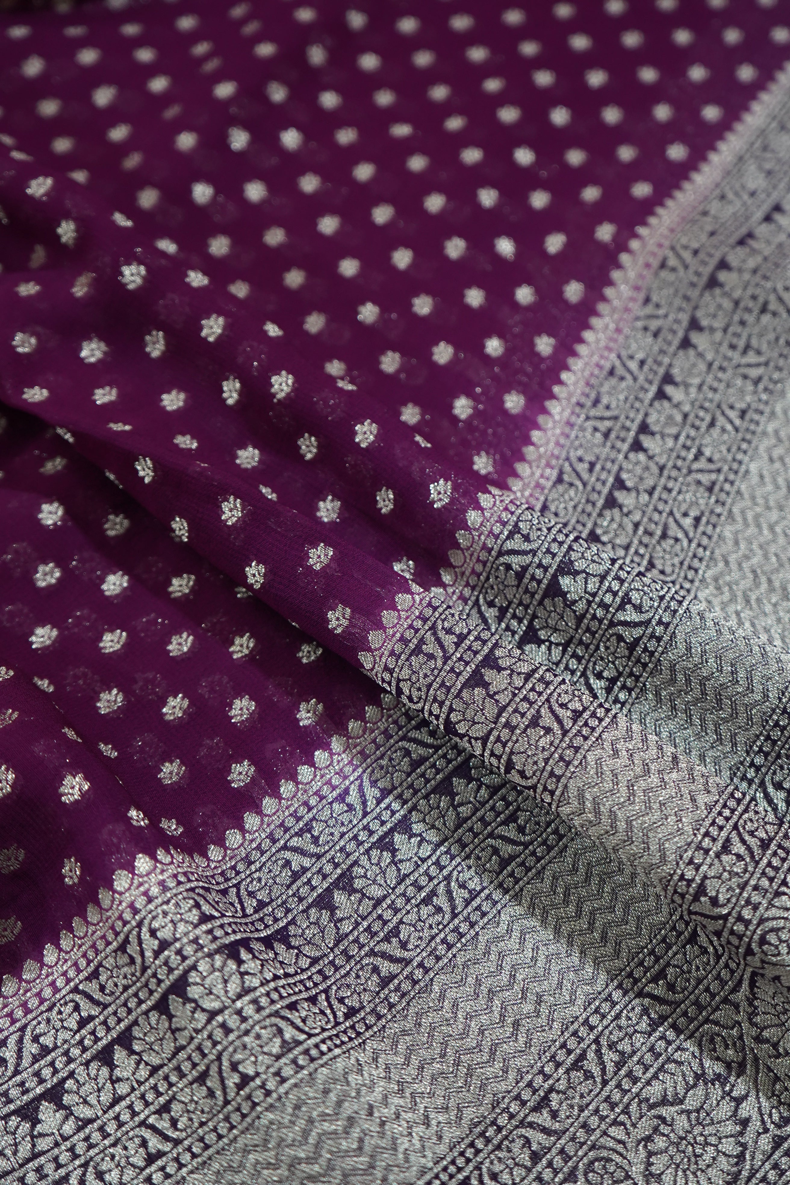 Orchid Purple Khaddi Georgette Pure Banarasi Saree with Contrast Smoky Lavender Grey Border
