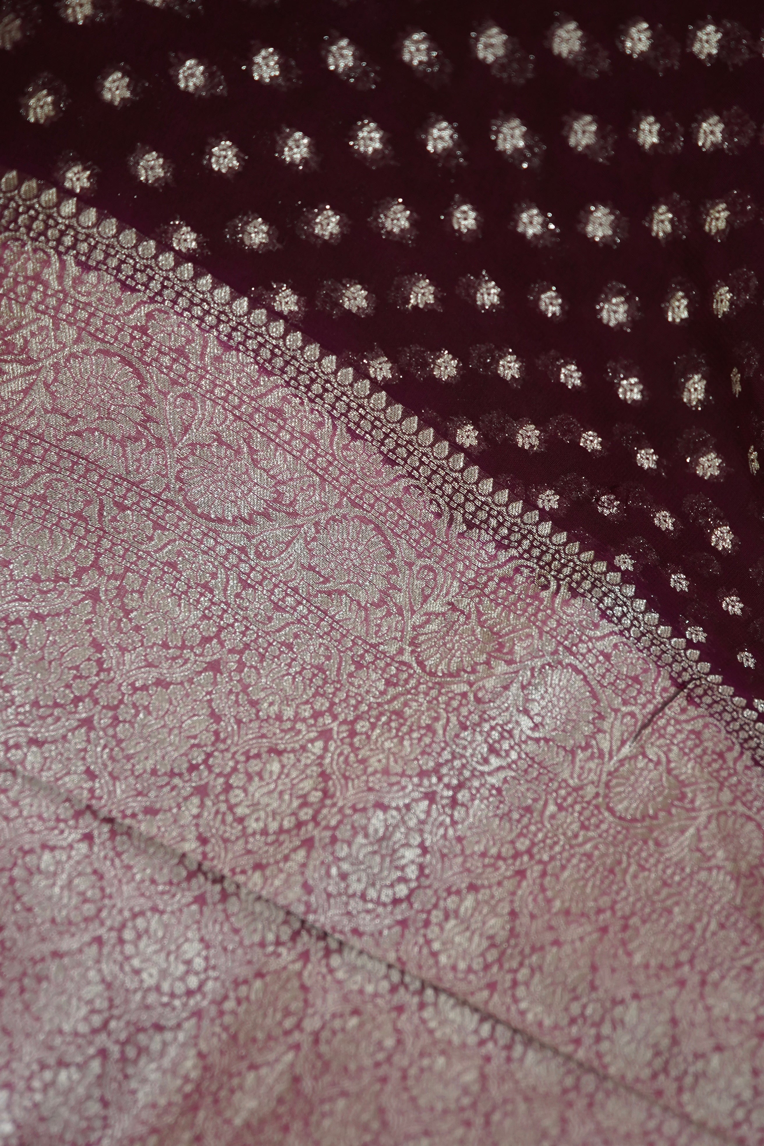 Deep Wine Purple Khaddi Georgette Pure Banarasi Saree with Contrast Dusty Rose Border