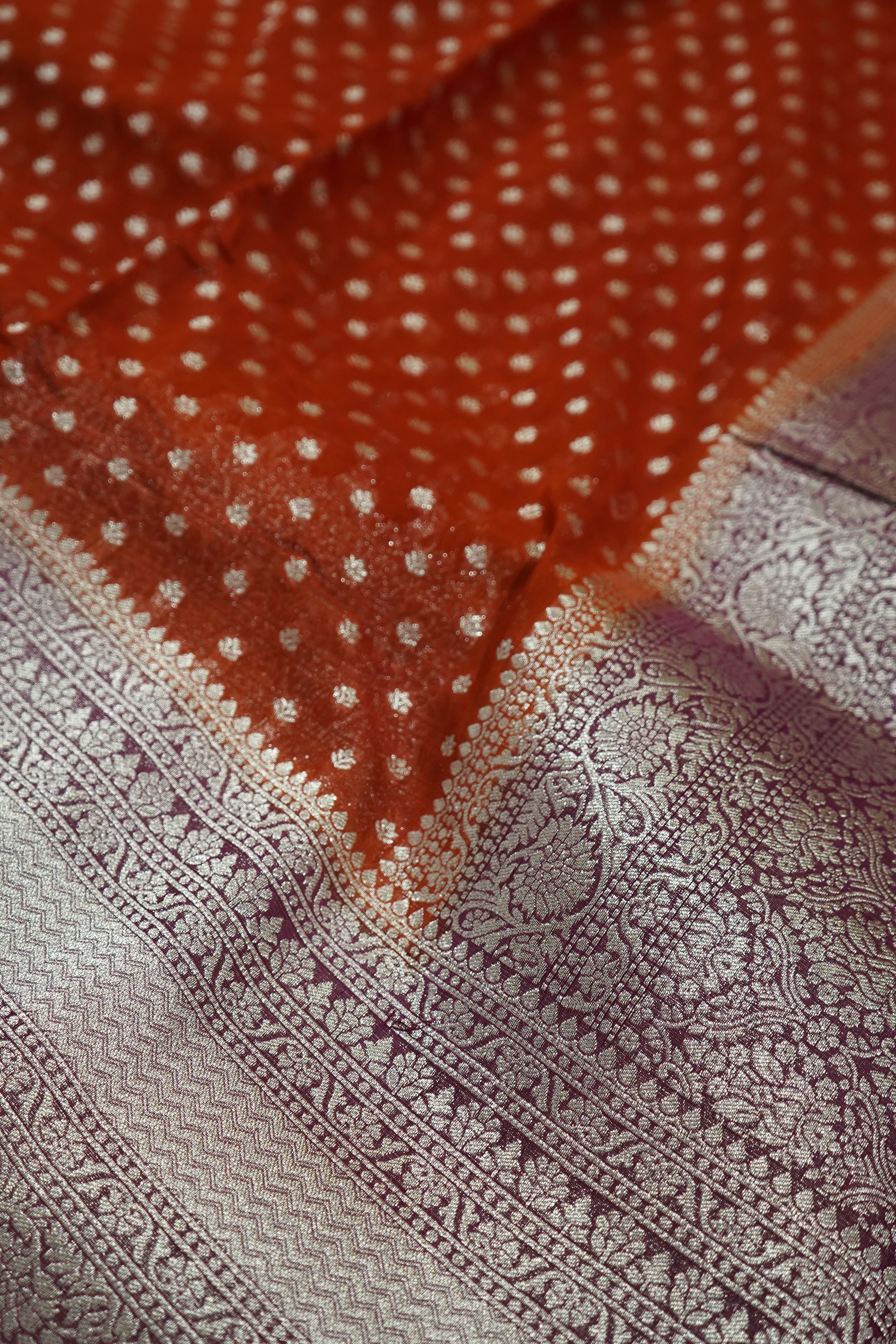 Burnt Orange Khaddi Georgette Pure Banarasi Saree with Contrast Mauve Grey Border