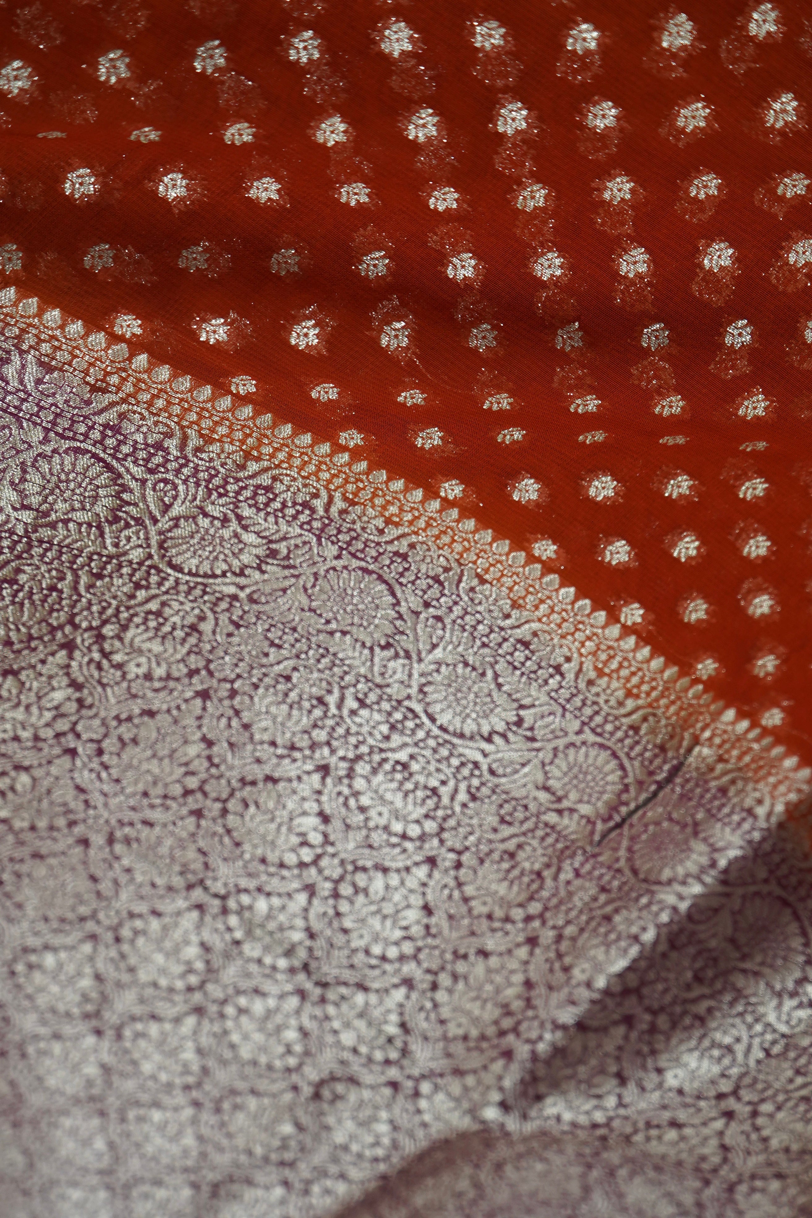 Burnt Orange Khaddi Georgette Pure Banarasi Saree with Contrast Mauve Grey Border