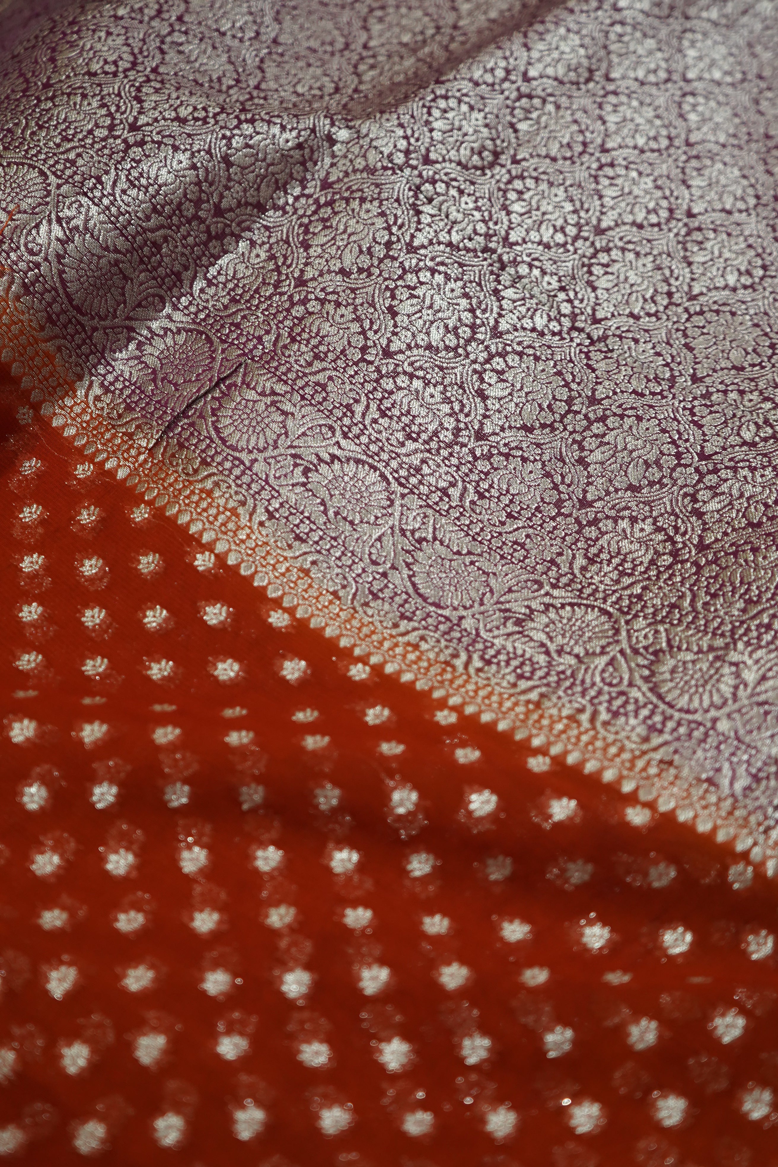 Burnt Orange Khaddi Georgette Pure Banarasi Saree with Contrast Mauve Grey Border