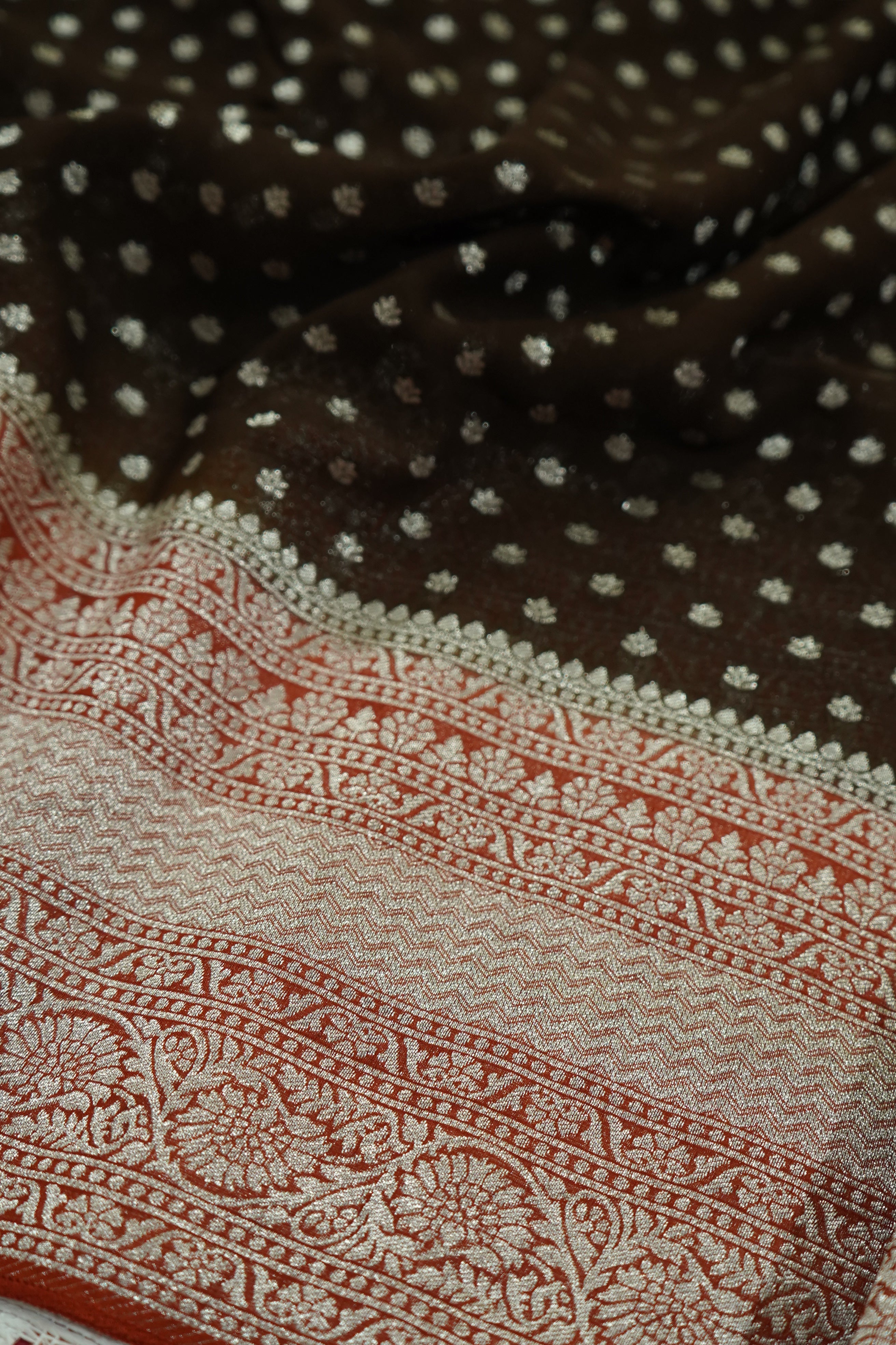 Chocolate Brown Khaddi Georgette Pure Banarasi Saree with Contrast Copper Rose Border