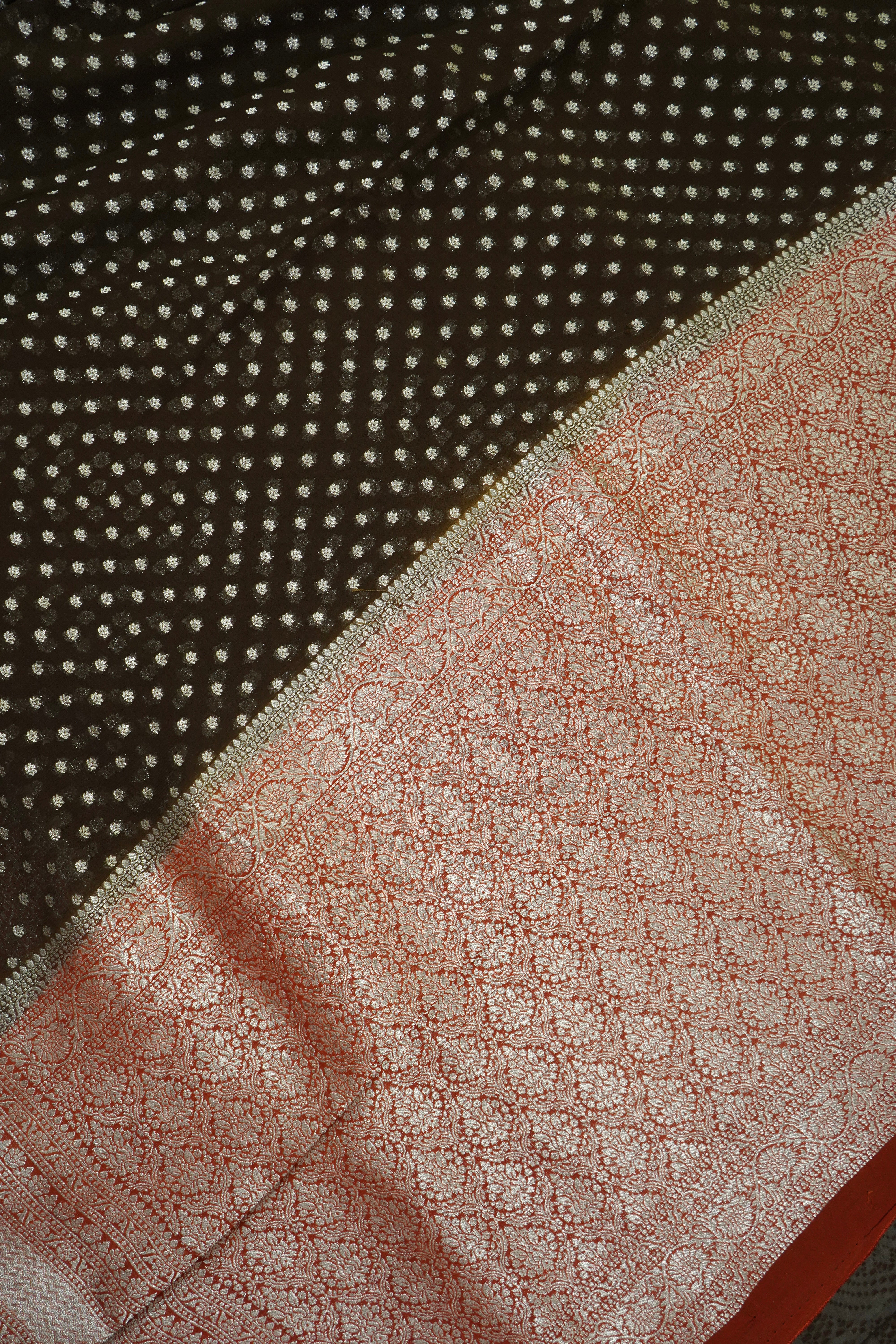 Chocolate Brown Khaddi Georgette Pure Banarasi Saree with Contrast Copper Rose Border