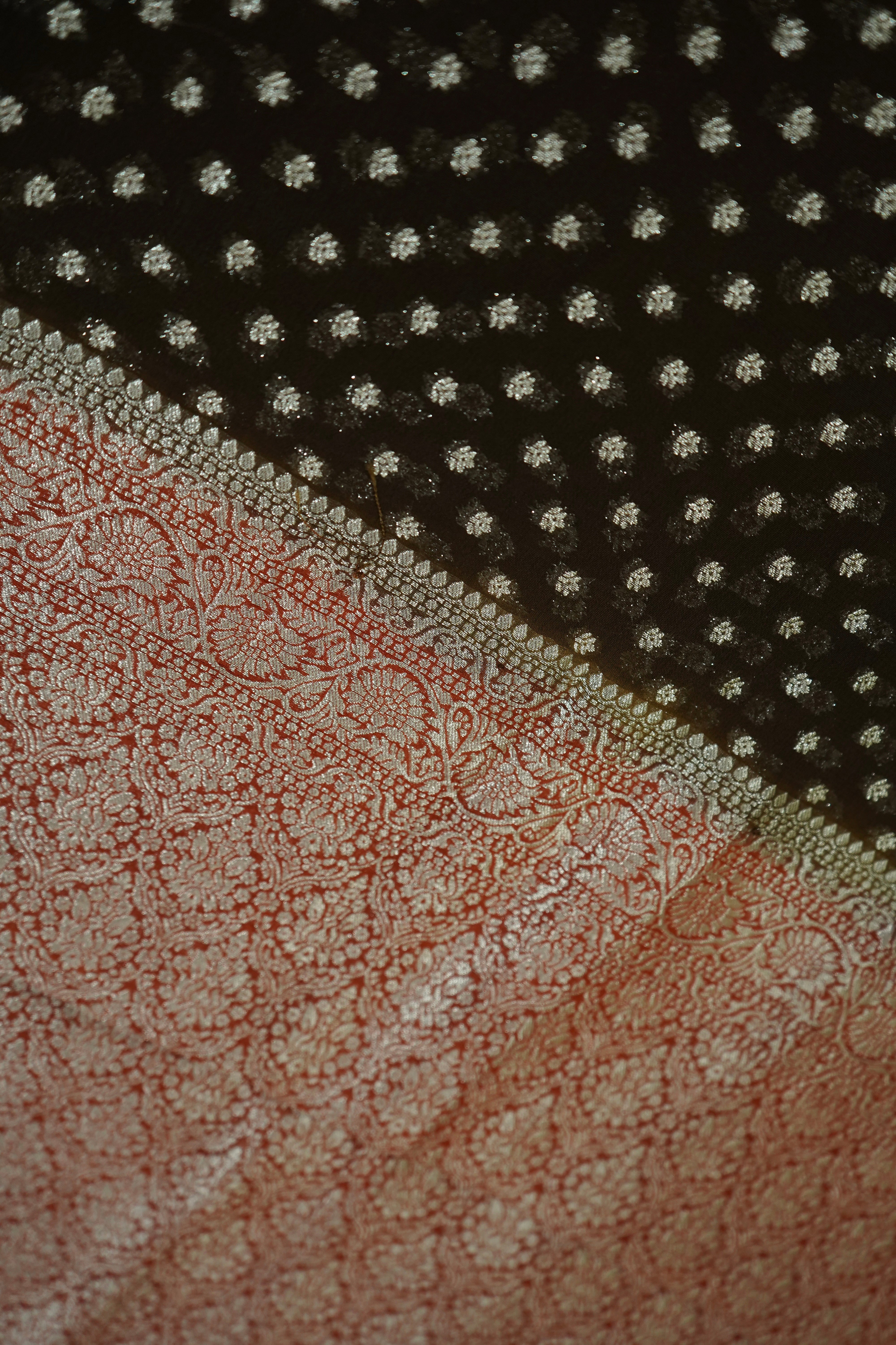 Chocolate Brown Khaddi Georgette Pure Banarasi Saree with Contrast Copper Rose Border