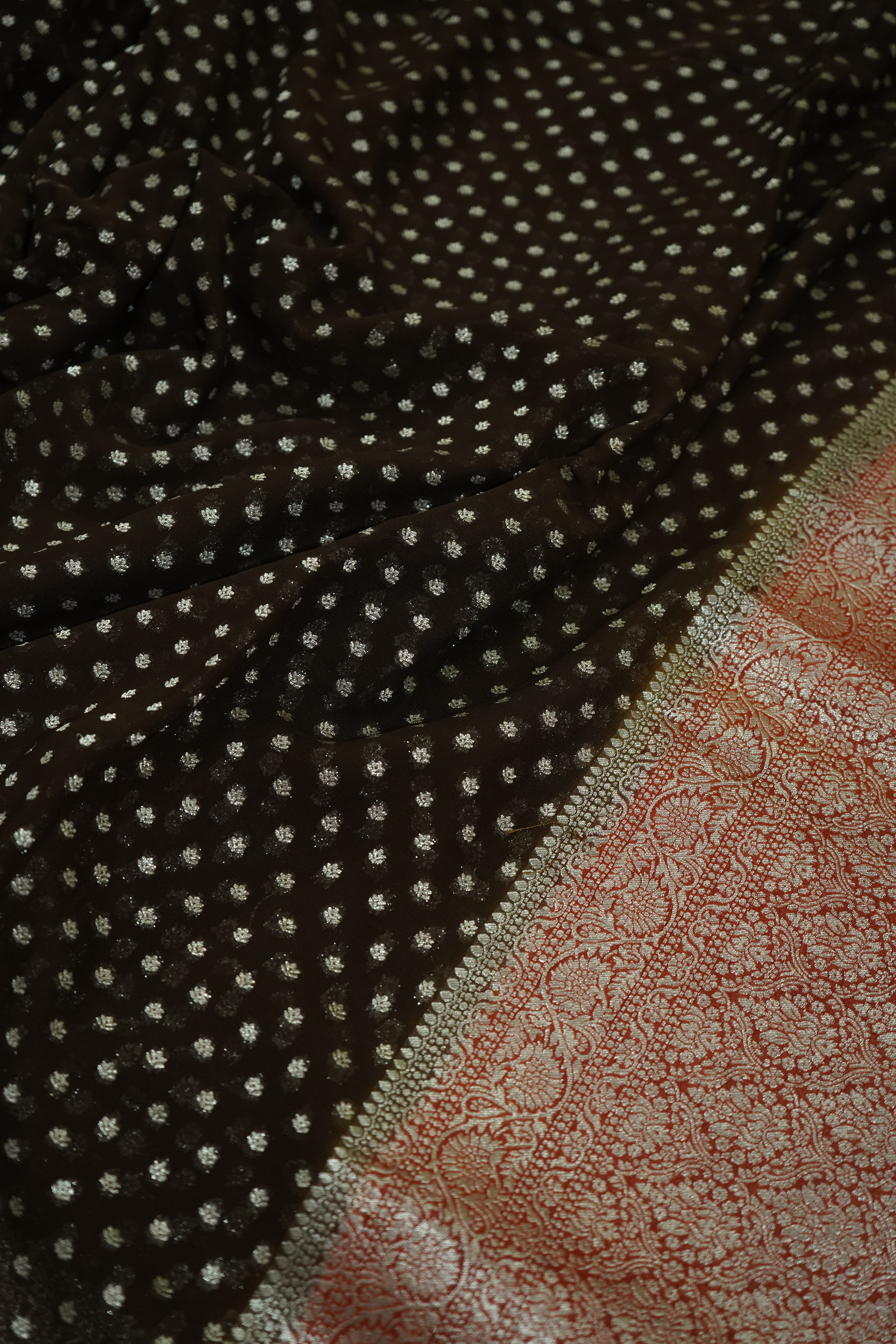 Chocolate Brown Khaddi Georgette Pure Banarasi Saree with Contrast Copper Rose Border