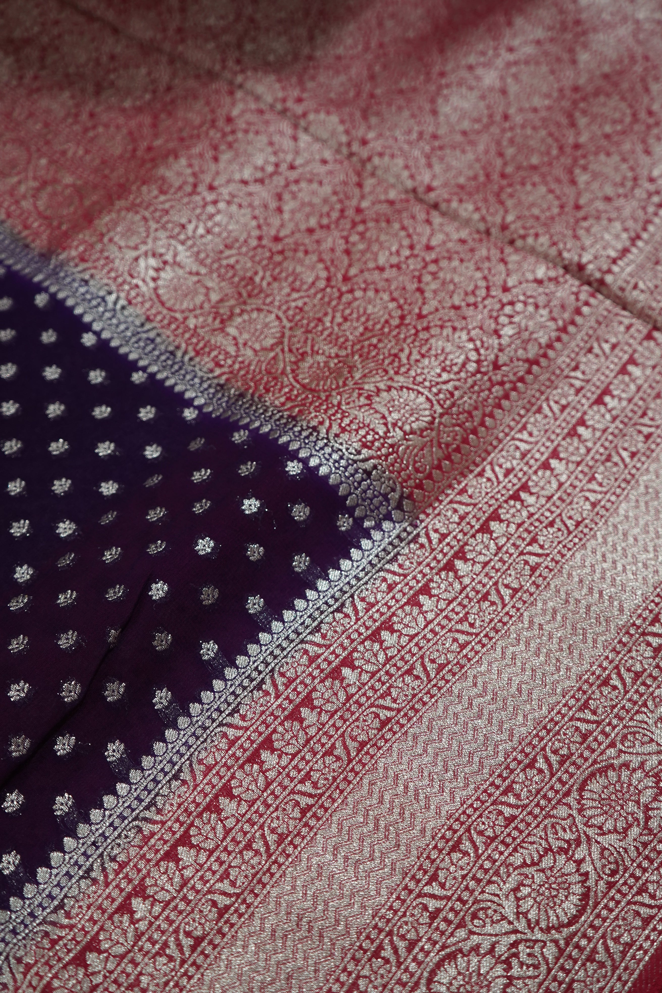 Deep Royal Purple Khaddi Georgette Pure Banarasi Saree with Contrast Rose Red Border