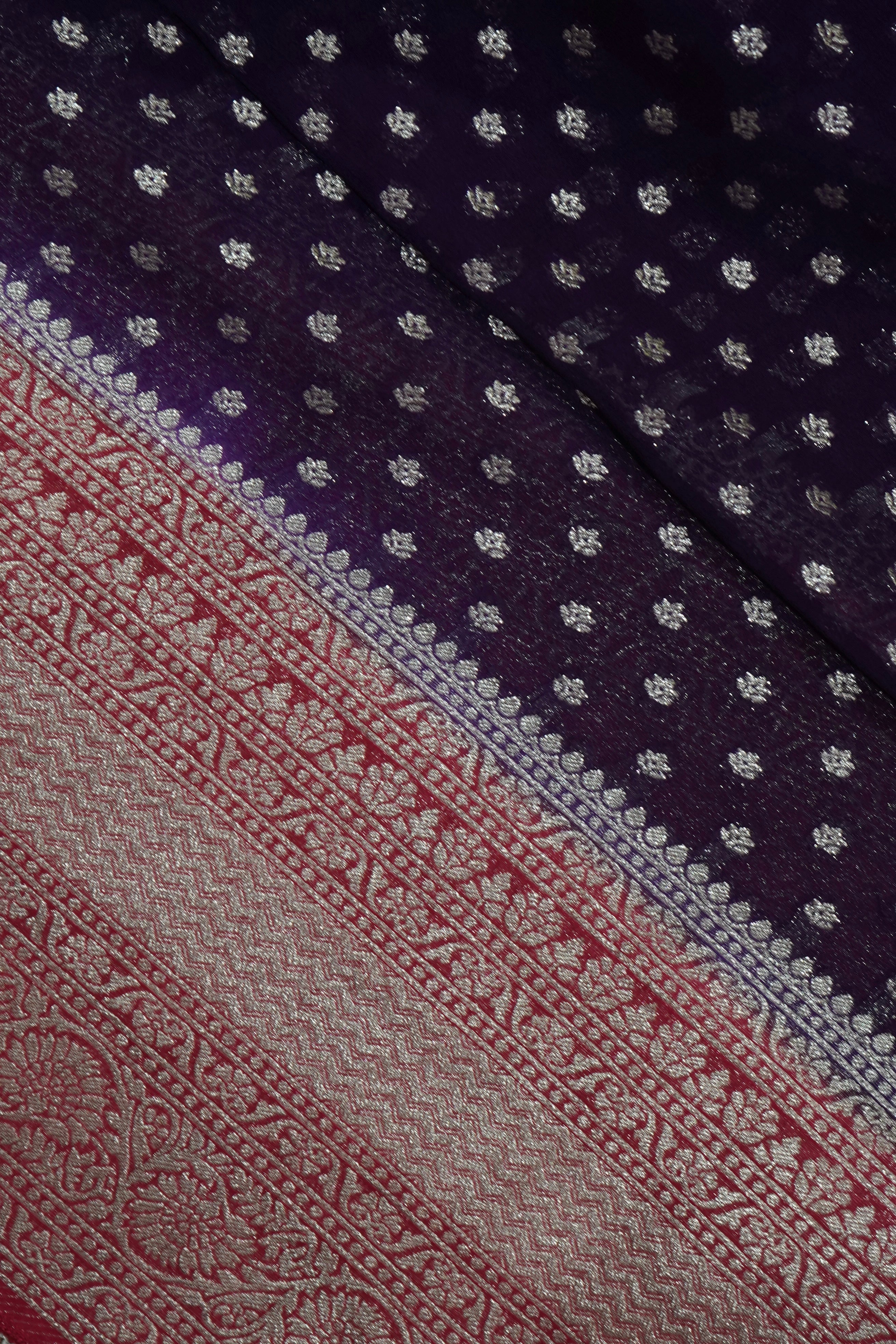 Deep Royal Purple Khaddi Georgette Pure Banarasi Saree with Contrast Rose Red Border