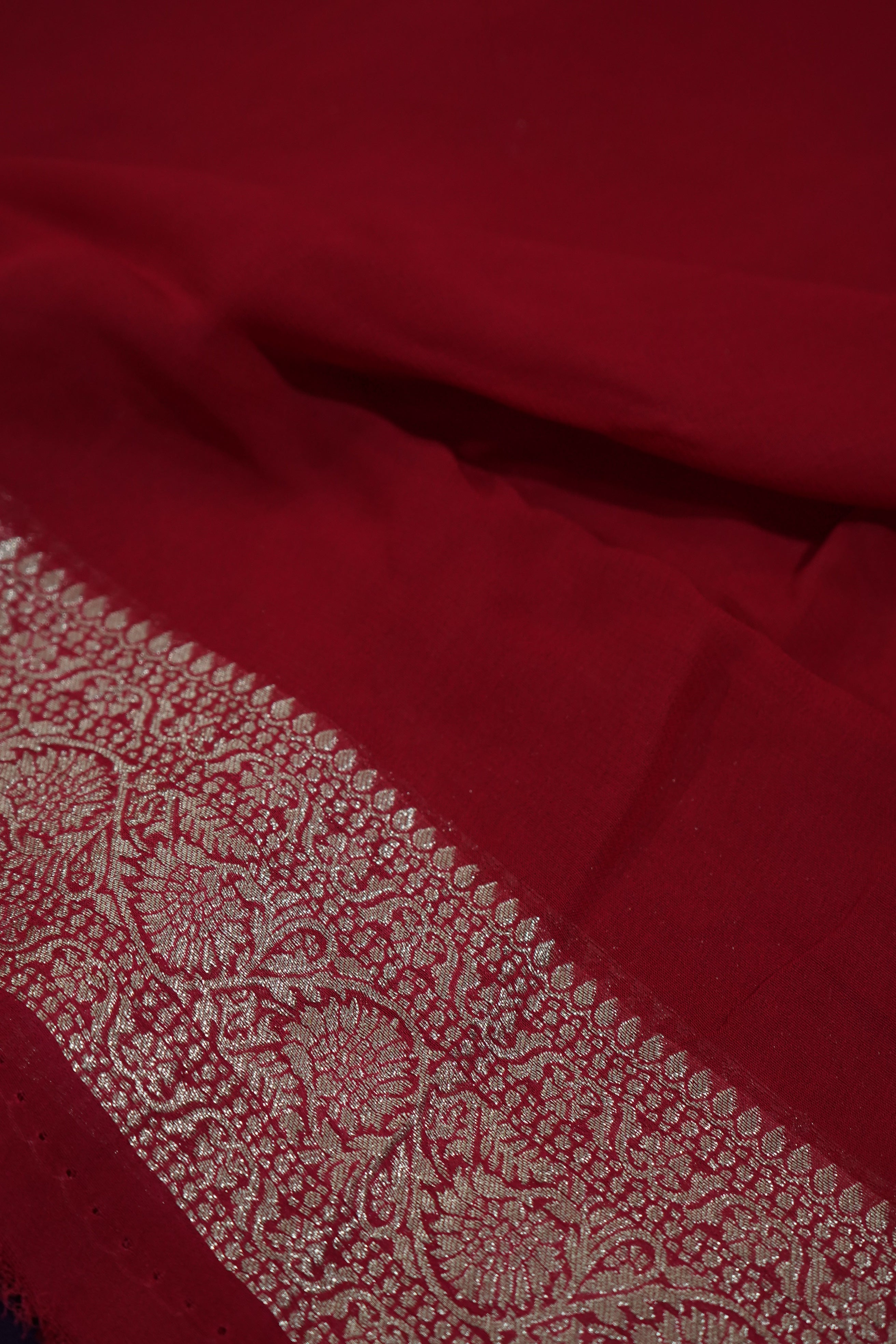 Deep Royal Purple Khaddi Georgette Pure Banarasi Saree with Contrast Rose Red Border