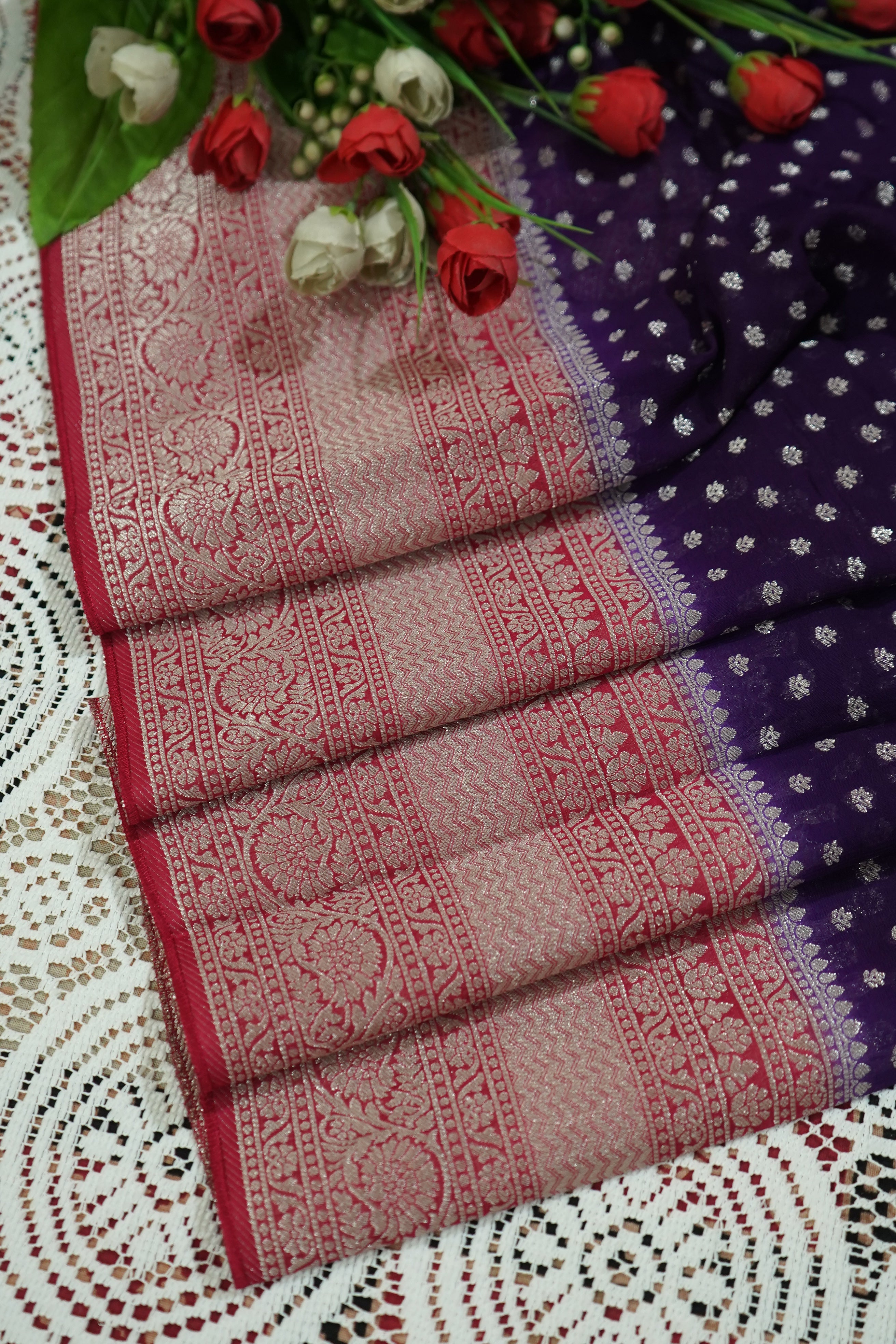Deep Royal Purple Khaddi Georgette Pure Banarasi Saree with Contrast Rose Red Border